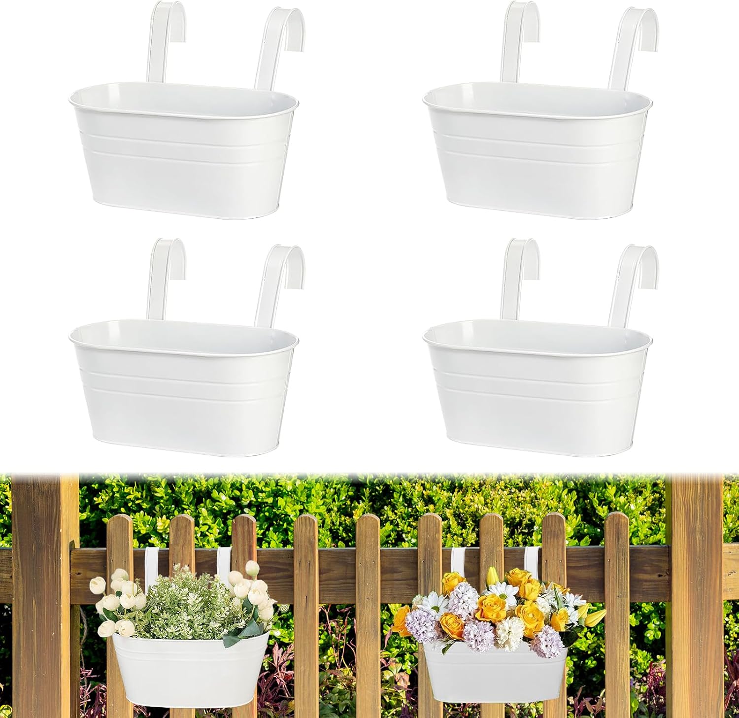 Set Mit 4 Weißen Metall-hängepflanzgefäßen (27 Cm) Mit Abflusslöchern, Ideal Für Balkonpflanzen, Gartendekoration Und Zäune. Kompatibel Mit Geländern, Mauern Und Gartenzäunen.