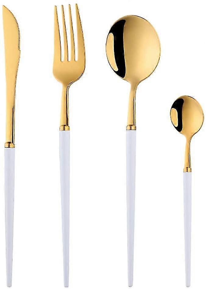 4-teiliges Weißgold-besteckset Mit Edelstahlbesteck, Bestehend Aus Messer, Gabel Und Teelöffel, Mit Elegantem Design Und Hochglanzpolierter Oberfläche.