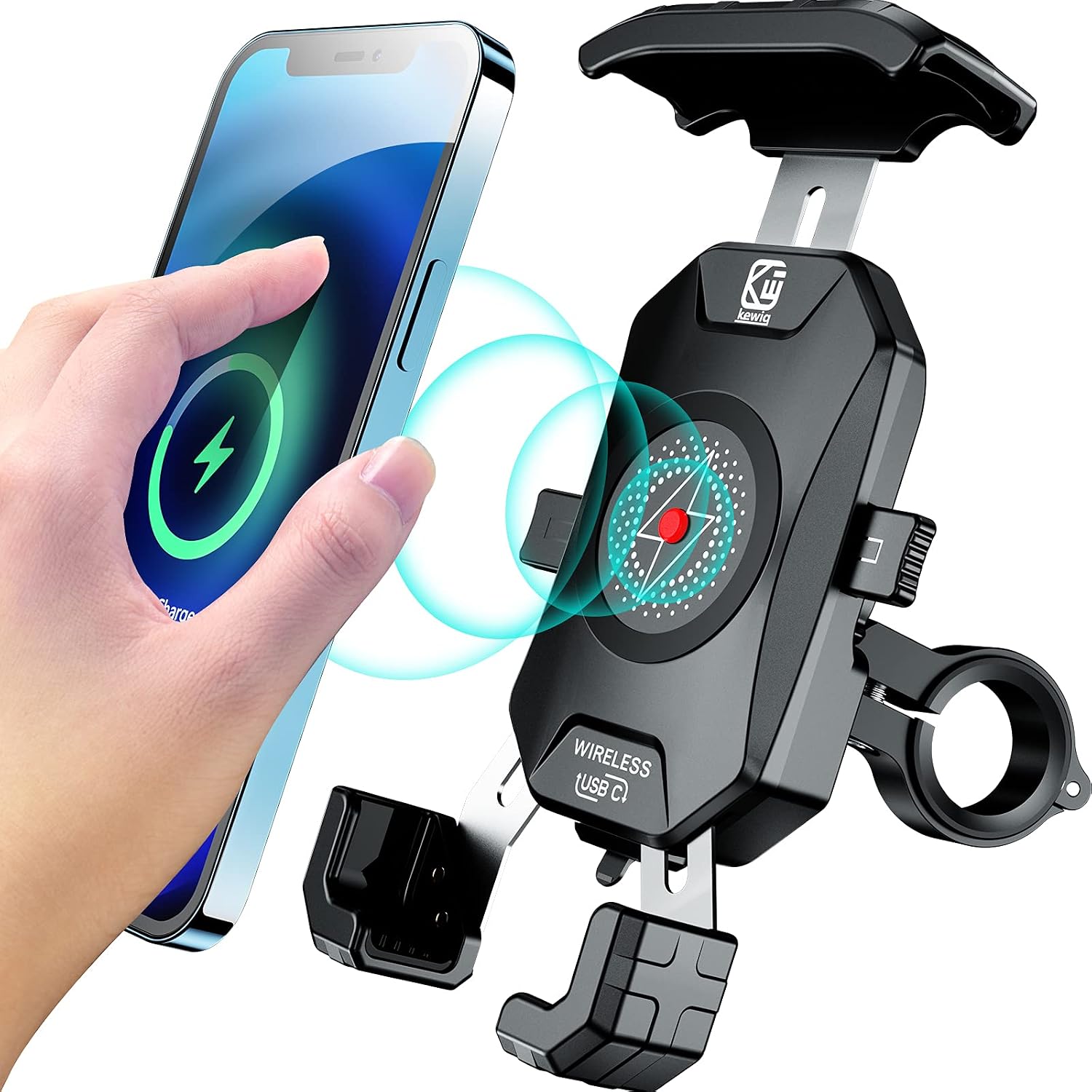 Motorrad-handyhalterung Mit Kabellosem Ladegerät Und Usb-c-anschluss, Wasserdicht Nach Ip66, Kompatibel Mit Handys Von 4 Bis 7 Zoll, Einhandbedienung