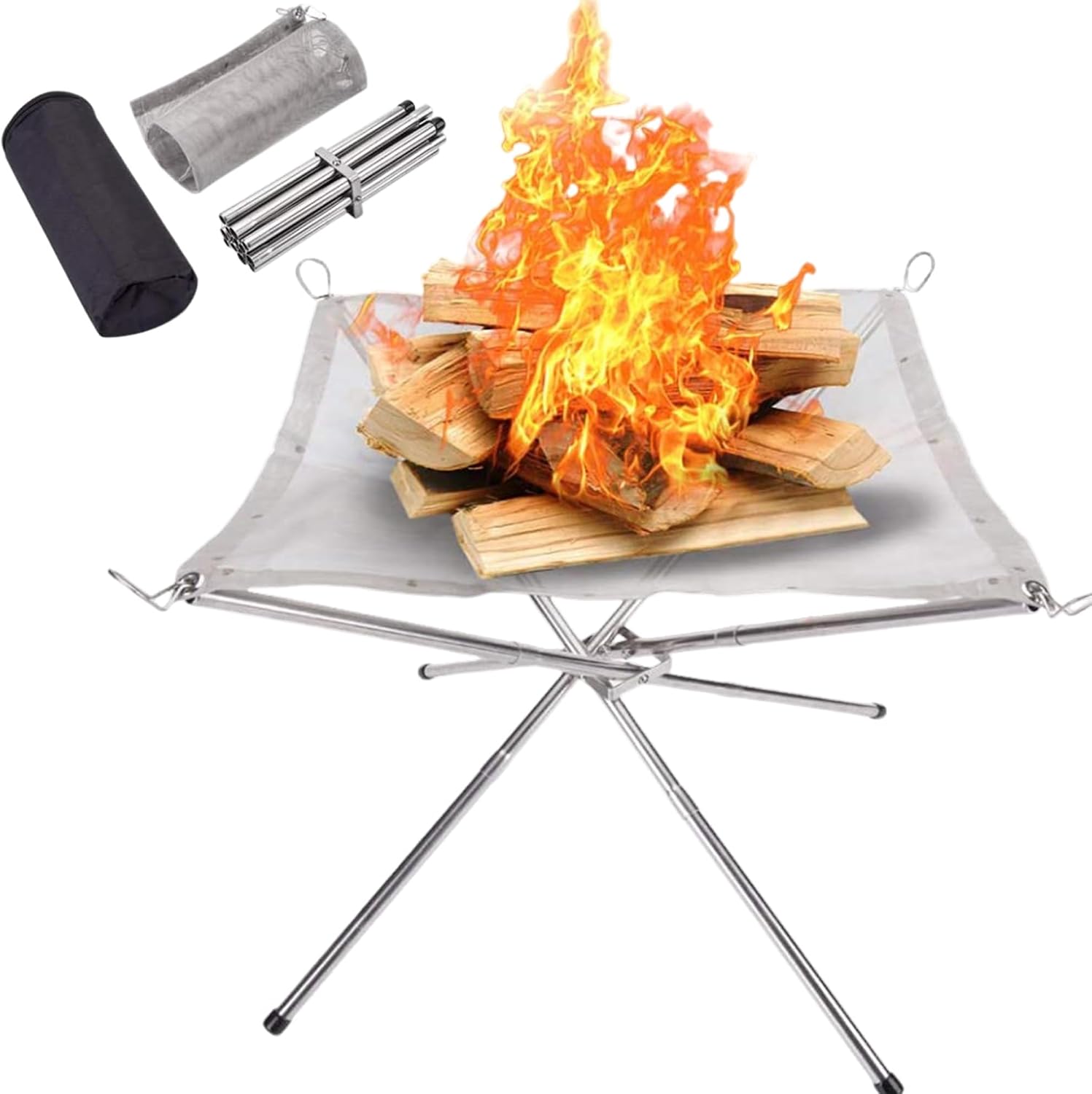 Tragbare Feuerstelle, Ideal Zum Campen, 56 X 56 X 43 Cm, Faltbar, Mit Klappbaren Beinen Und Tragetasche. Faltbarer Edelstahlgrill, Perfekt Für Terrasse, Camping Und Garten.