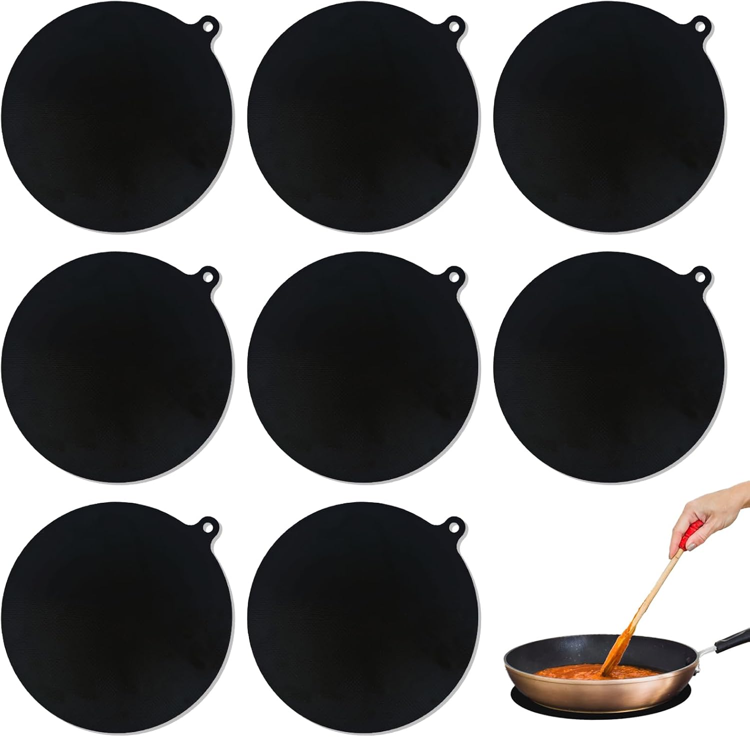 Set Mit 8 Runden Schutzmatten, Kompatibel Mit Induktionskochfeldern, Aus Schwarzem Silikon, 22 Cm, Hitzebeständig.