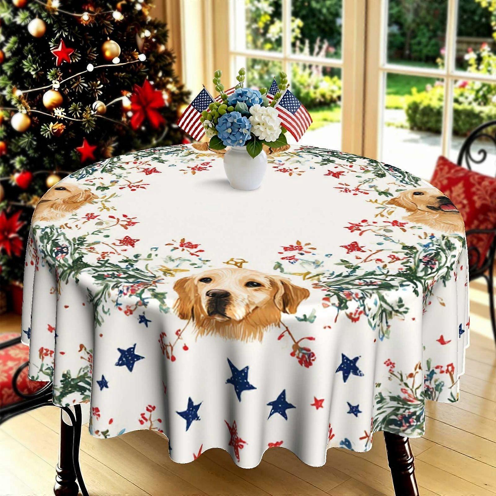 Runde, Dekorative Tischdecke Mit 2d-druck Im Aquarellstil, Mit Patriotischem Stern Und Golden-retriever-motiv Ideal Für Küche, Mahlzeiten Und Festliche Abendessen