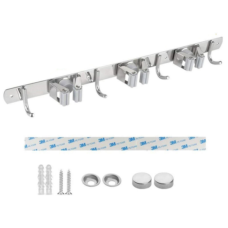 Wandmontierter Besenhalter Aus Edelstahl, Selbstklebend Und Mit Haken Ausgestattet, Multifunktional Und Kompatibel Mit Küche, Garten, Badezimmer, Garage, Balkon Und Büro.