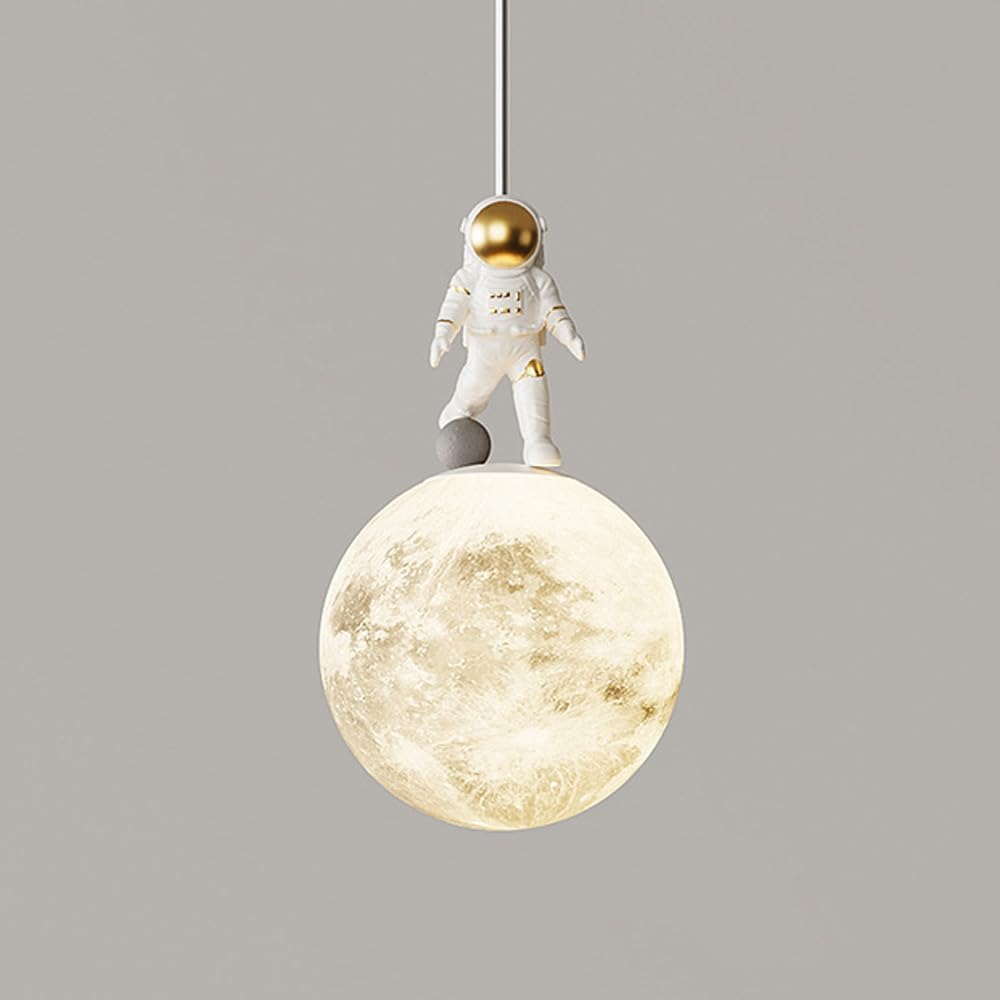 Mondförmige Pendelleuchte Mit 3d-gedrucktem Astronautenplaneten – Moderne Led-deckenleuchte – Geeignet Für Kinderzimmer – Milchweiß – Geeignet Für Jungen- Und Mädchenzimmer