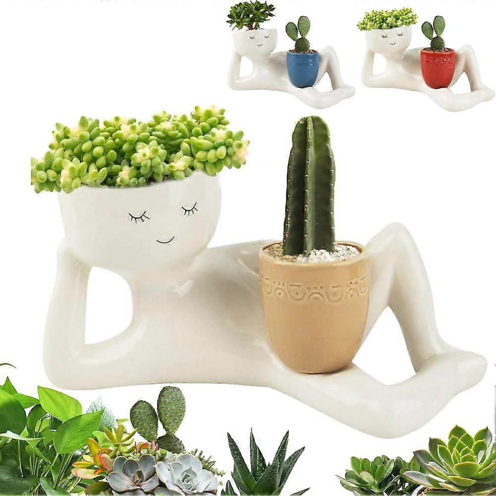 Ein Origineller Und Witziger Blumentopf Mit Abflusssystem, Der Eine Entspannte Person Mit Einem Topf In Der Hand Zeigt. Einzigartige Töpfe, Geeignet Für Sukkulenten Und Kakteen.
