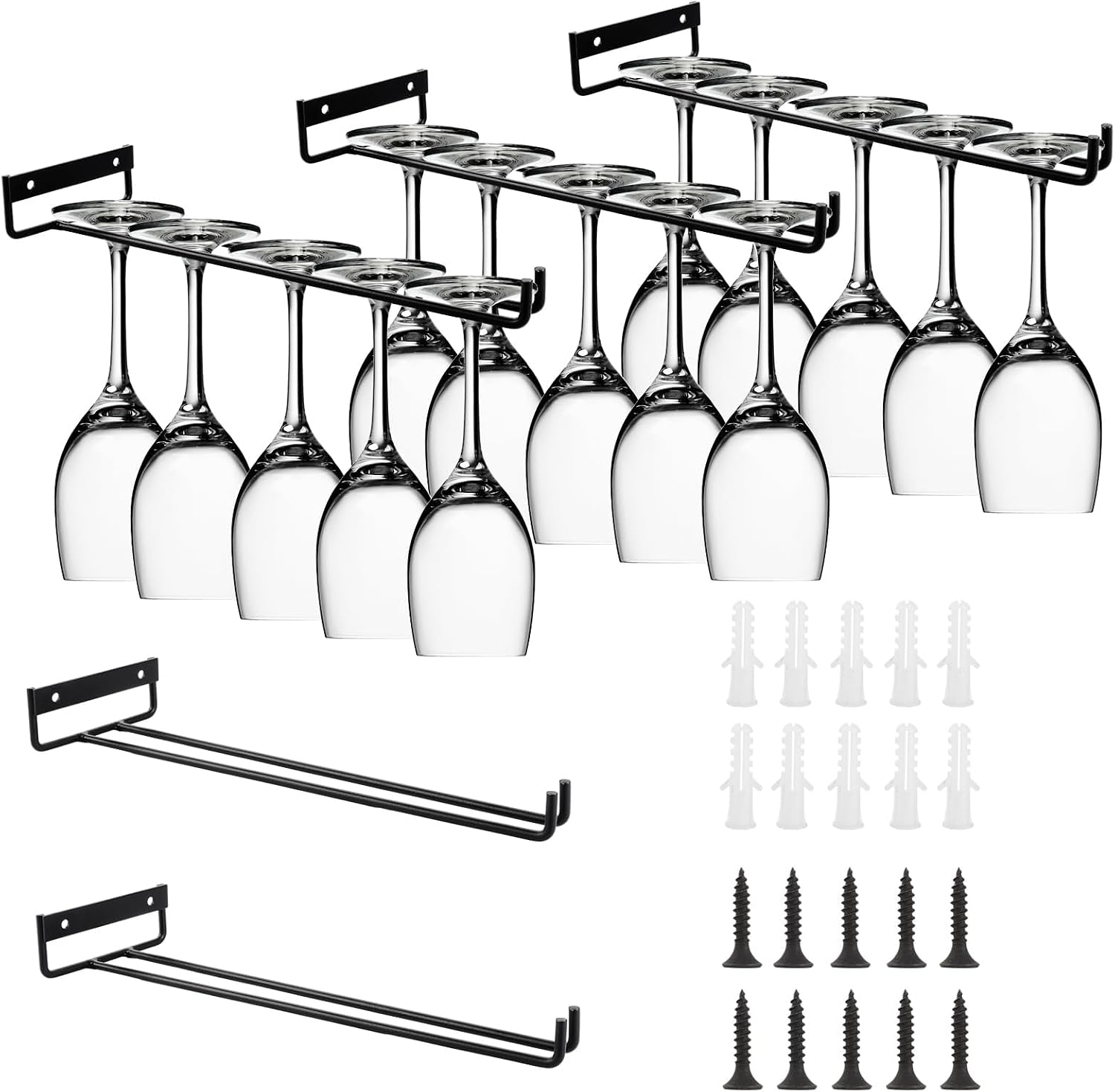 Set Mit 5 Hängenden Glashaltern, 30 Cm – Schwarze Metall-weinglashalter Mit Schrauben – Geeignet Für Die Unterbaumontage – Ideal Für Küchen, Bars, Restaurants Und Weinkeller