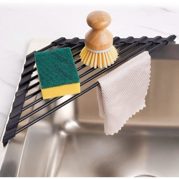 Zusammenklappbarer, Dreieckiger Geschirrabtropfkorb Mit Silikonbeschichtung Und Edelstahlrahmen. Ideal Für Die Küchenecke, Schwarz.