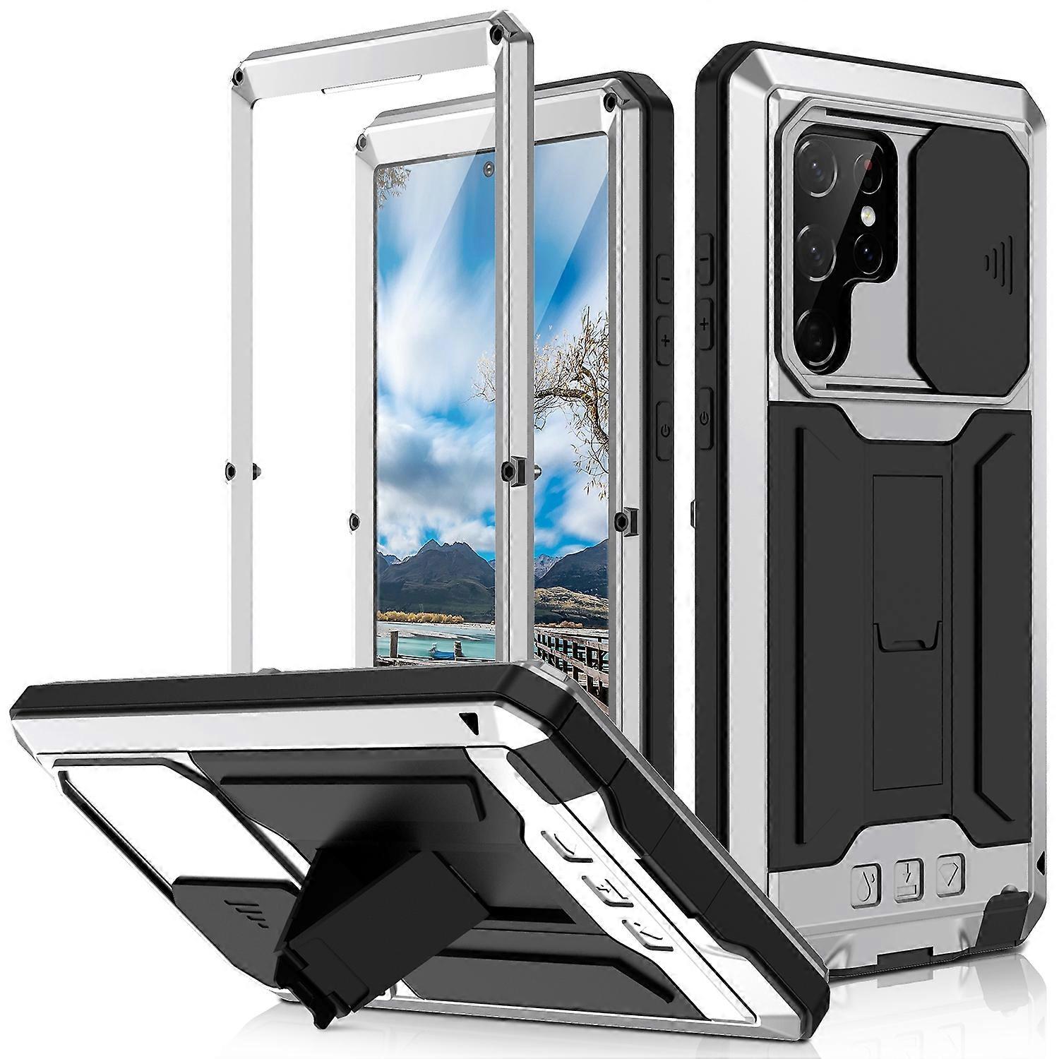 R-just Handyhülle Mit Verschiebbarem Kameraständer Aus Metall Und Silikon Für Samsung Galaxy S22 Ultra 5g [nx]