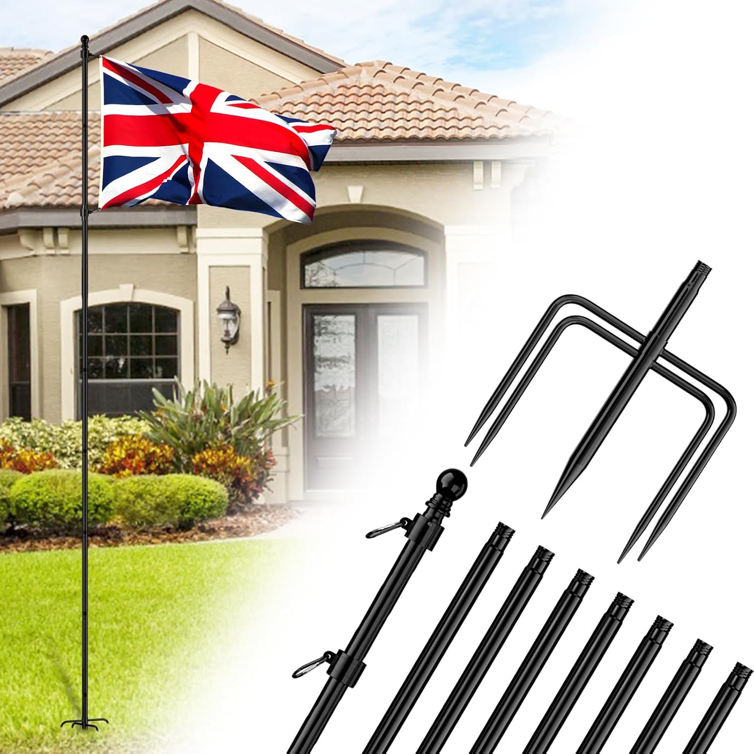 3 M Gartenfahnenmast, Robuste 300 Cm Stange Mit 5-pin-halterung, Extra Dickes Outdoor-fahnenmast-set (schwarz, Fahne Nicht Enthalten)