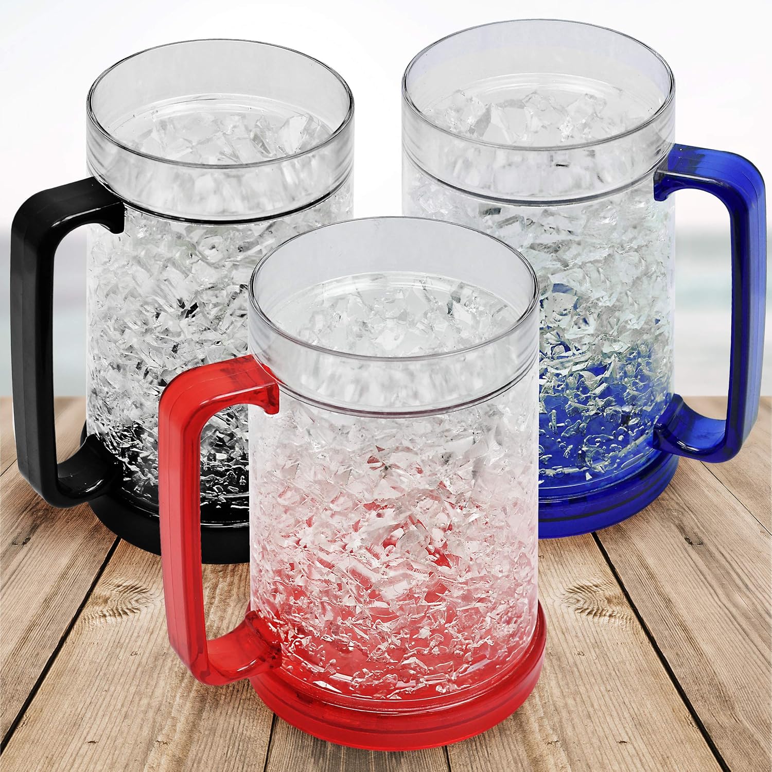 Gekühlte Bierkrüge, Doppelwandige, Mattierte Gel-bierkrüge, Erfrischende Weinkrüge, Ideal Für Partys Und Als Geschenk, Set Mit 3 Transparenten 473-ml-krügen (blau, Rot, Schwarz)