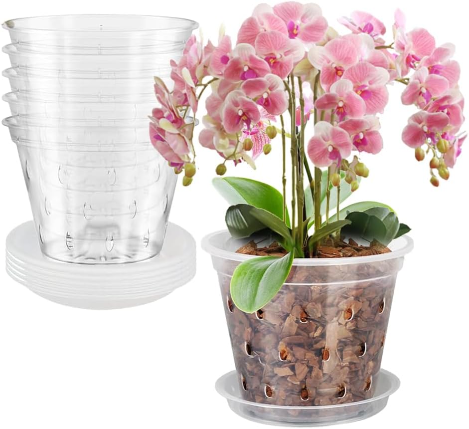 Set Mit 5 Transparenten 17-cm-orchideentöpfen Mit Abflusslöchern Und Untersetzer – Blumentöpfe Geeignet Für Zimmer- Und Gartenpflanzen – Umtopfset – Töpfe