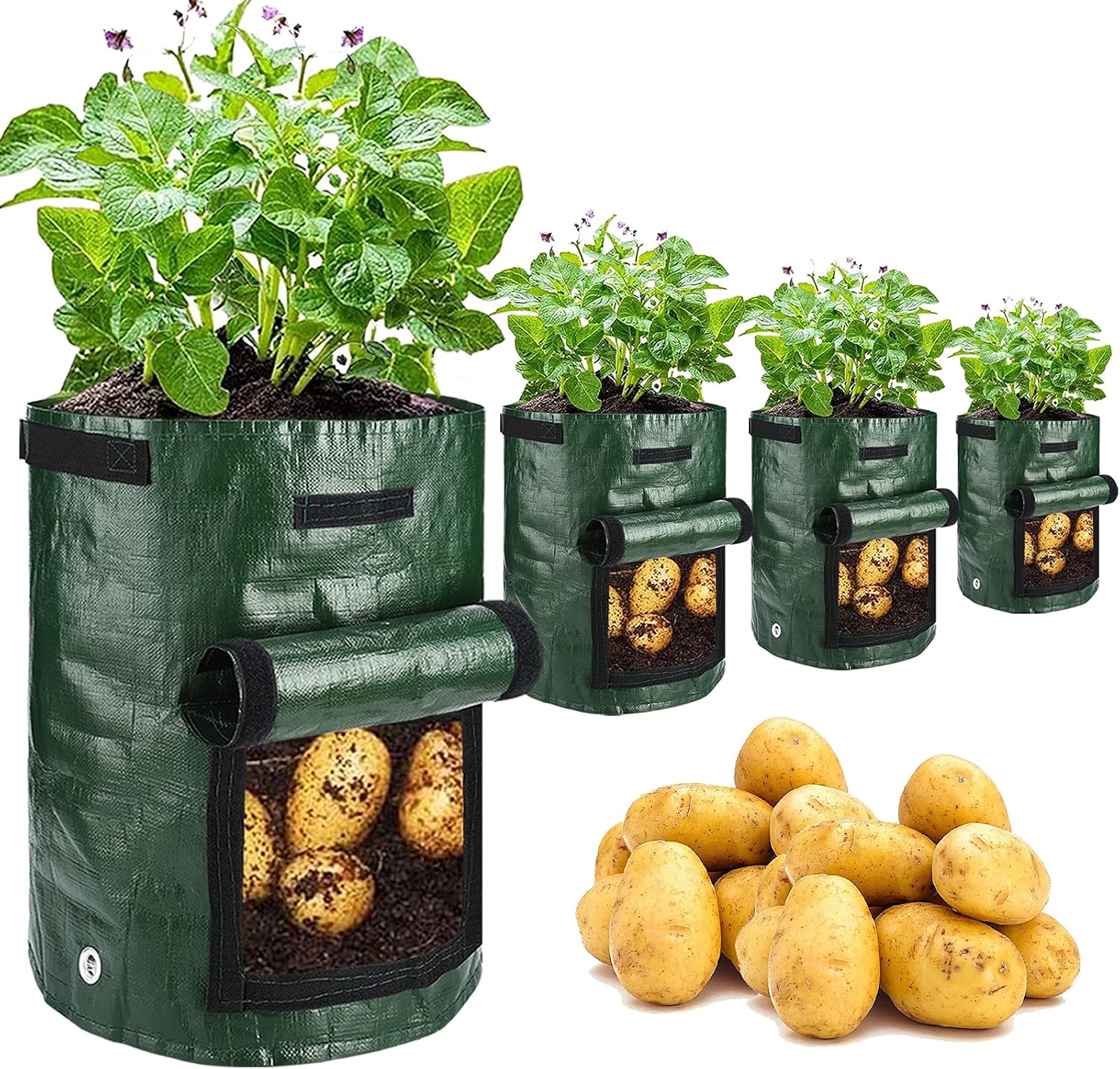 Pflanzsäcke Für Kartoffeln, 4er-pack, 38 Liter (10 Gallonen), Mit Klappe Und Griff, Geeignet Für Zwiebeln, Obst, Tomaten Und Karotten – Grün