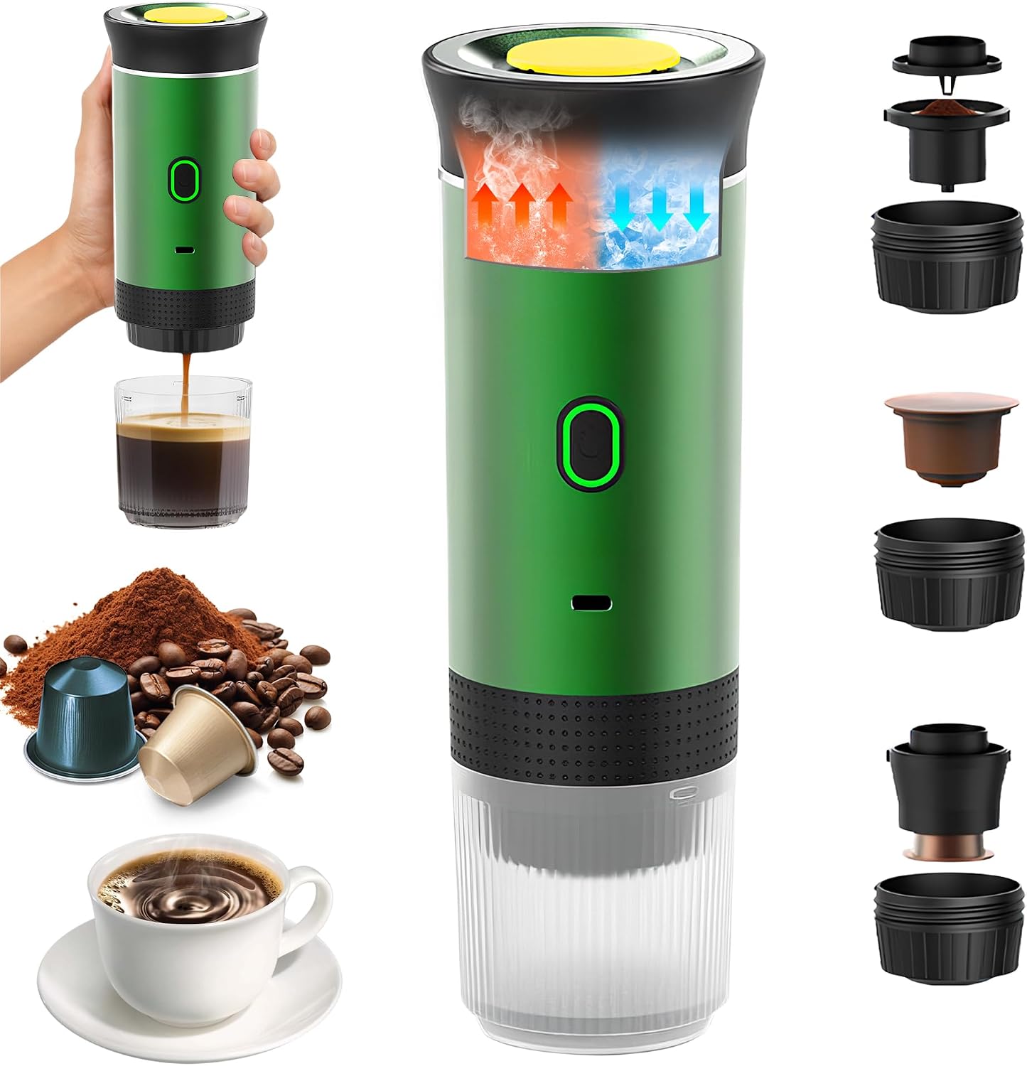 Tragbare 3-in-1 Kaffeemaschine (grün), 12v Elektrische Espressomaschine, Kompatibel Mit Dem Auto, Kompatibel Mit Kapseln Und Gemahlenem Kaffee, Heizt Schnell Auf (4 Bis 6 Minuten), Ideal Für Camping,