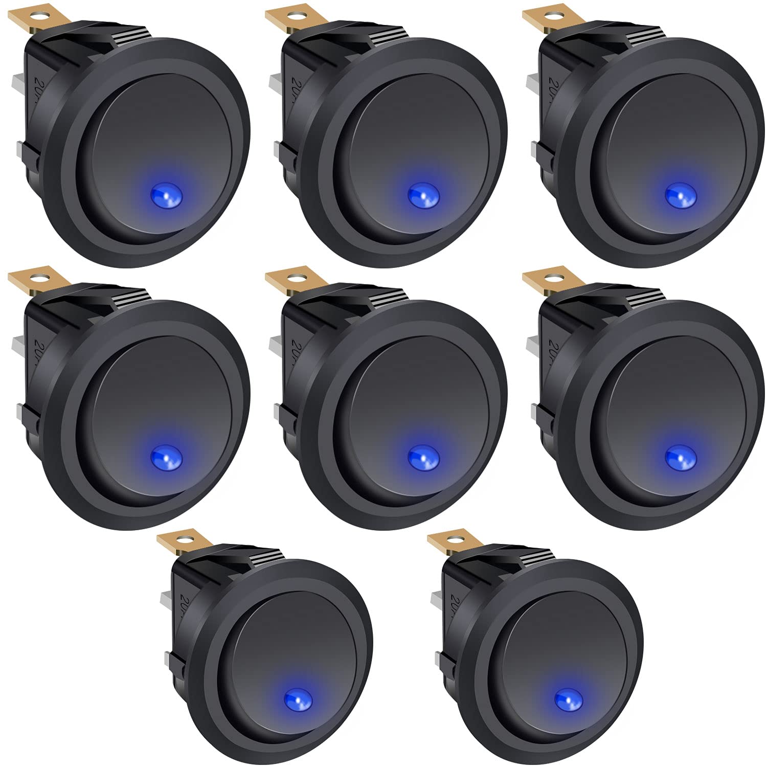 Runder 8-positionen-wippschalter, 12 V Spst Ein/aus, 2 Positionen, 3 Pins, 20 A Mit Blauer Led-anzeige, Kompatibel Mit Pkw, Lkw, Wohnmobilen Und Booten Kcd2-102n-bu
