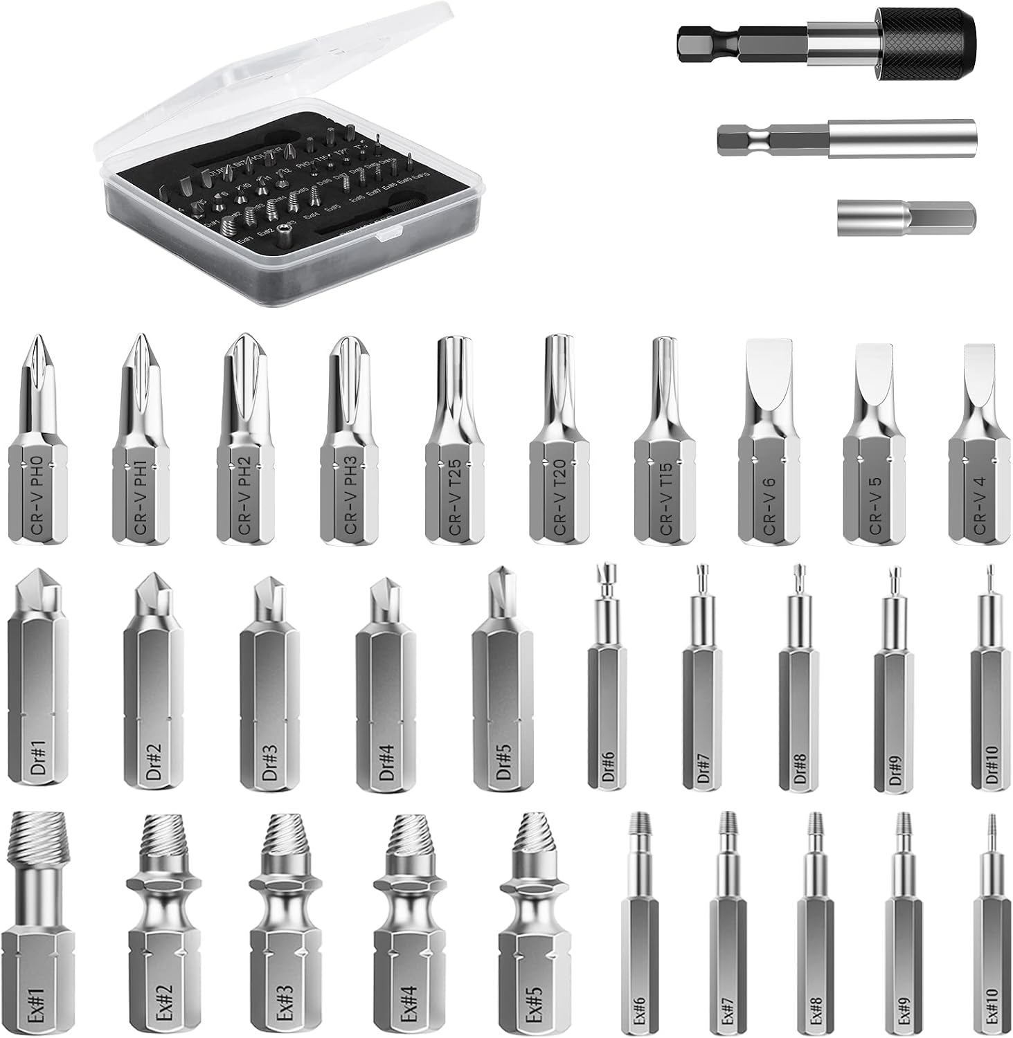 Easy Out 33-teiliges Schraubendreher-set, Hss-schraubendreher Mit 2 Magnetischen Bithaltern Und Steckschlüsseladapter, Schwarz
