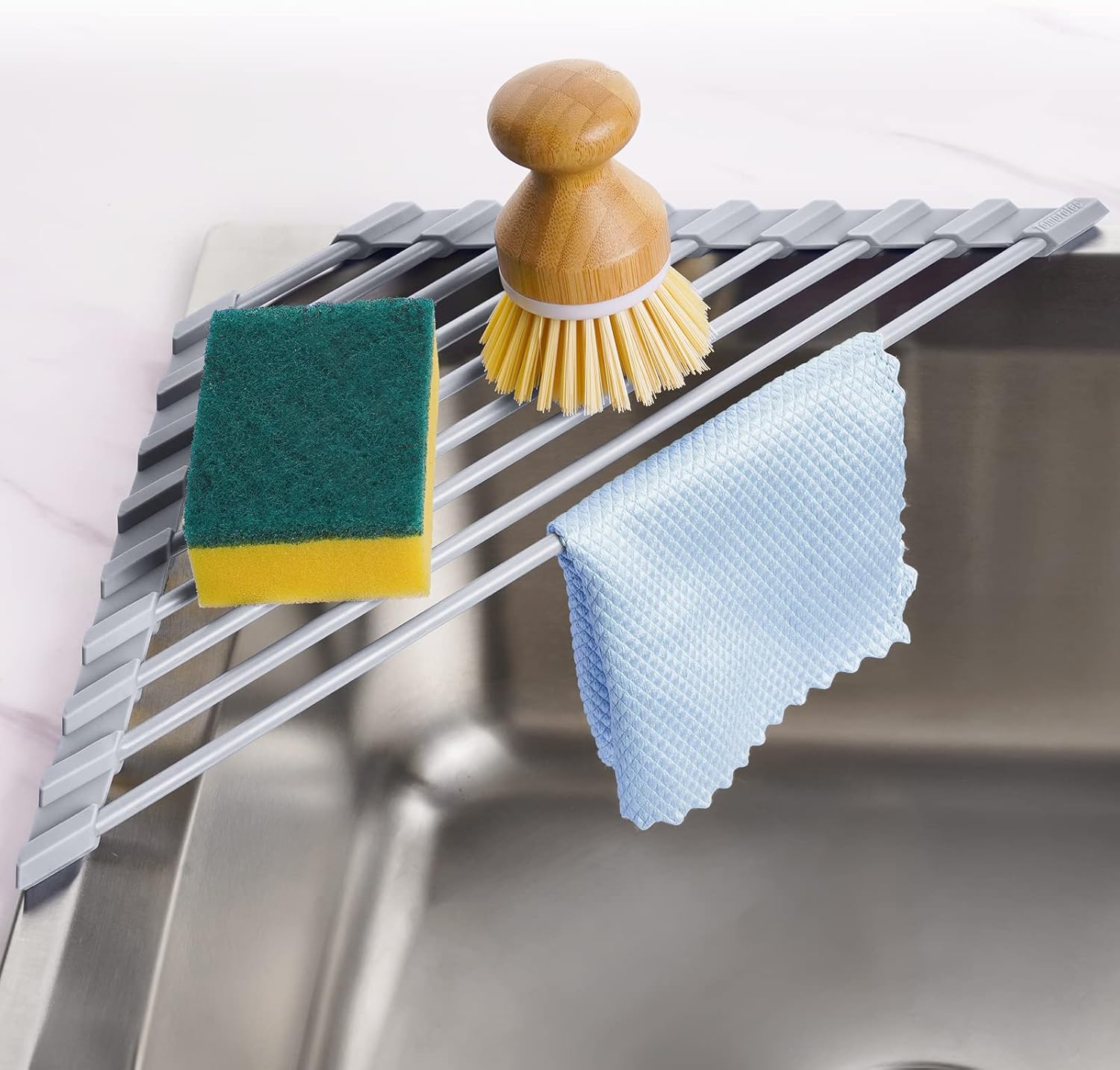 Kleine Dreieckige, Zusammenklappbare Abtropfschale Mit Silikonbeschichtung, Edelstahlrahmen Für Die Spülbeckenecke, Multifunktionale Abtropfschale (grau) [nx]