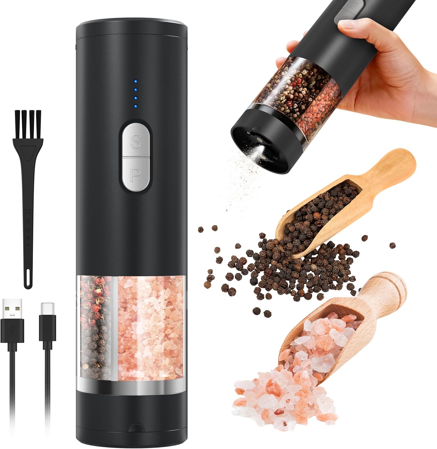 Elektrische 2-in-1 Salz- Und Pfeffermühle (usb-aufladbar), Automatische Salz- Und Pfeffermühle Mit Led-licht, Einhandbedienung, Einstellbarer Mahlgrad.
