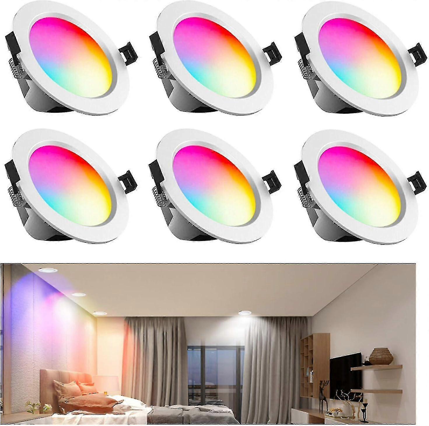 Set Aus 6 Einbau-led-strahlern, 10 W, Dimmbar, 800 Lm, Rgb+cct+ac85, 265 V, Bluetooth, Geeignet Für Wohnzimmer.