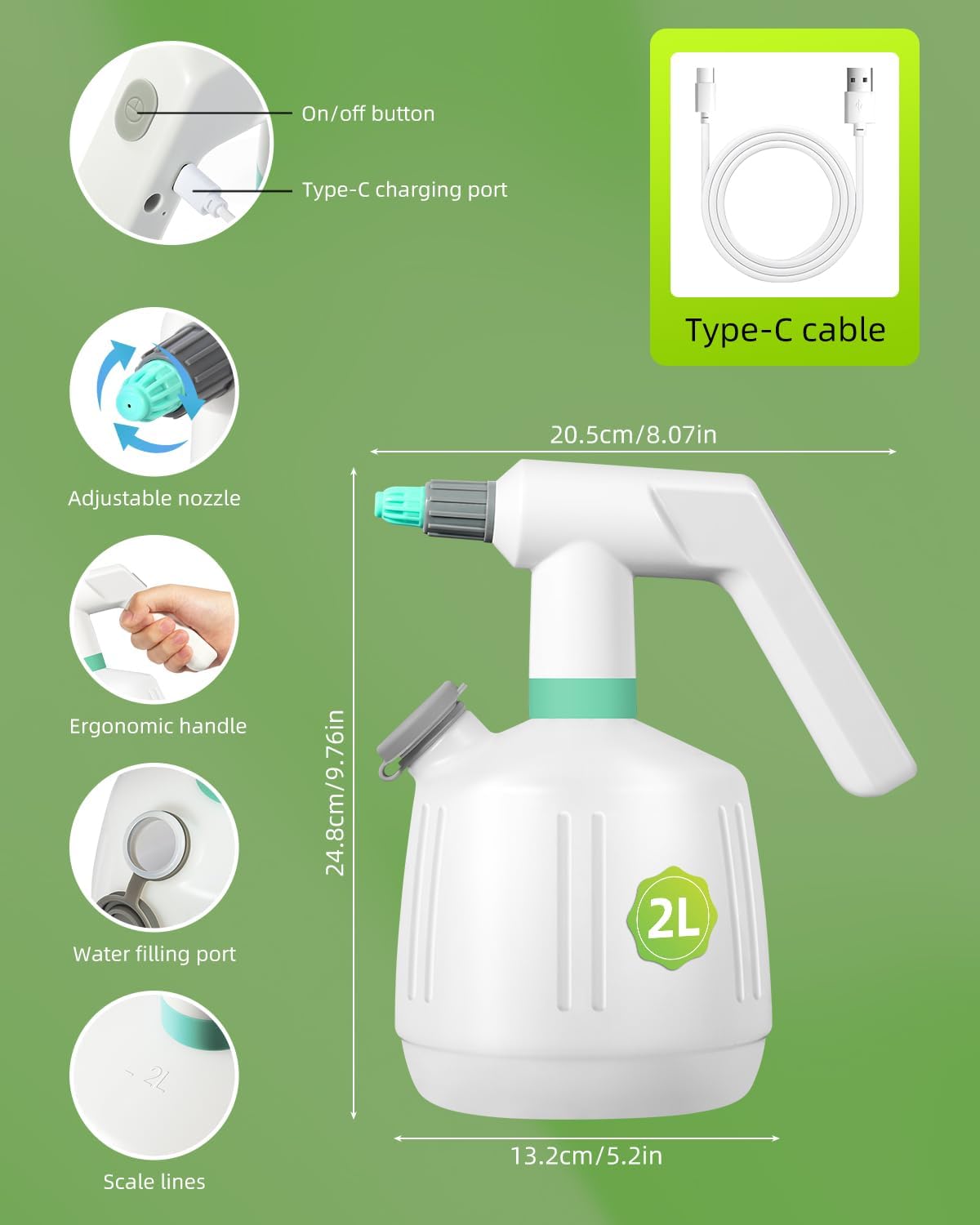 Wiederaufladbare Elektrische Gartenspritze Mit 2 Litern Fassungsvermögen, Verstellbarer Düse, Automatischer Sprühfunktion Und Strahlfunktion, Geeignet Für Pflanzen, Reinigung Und Auto.