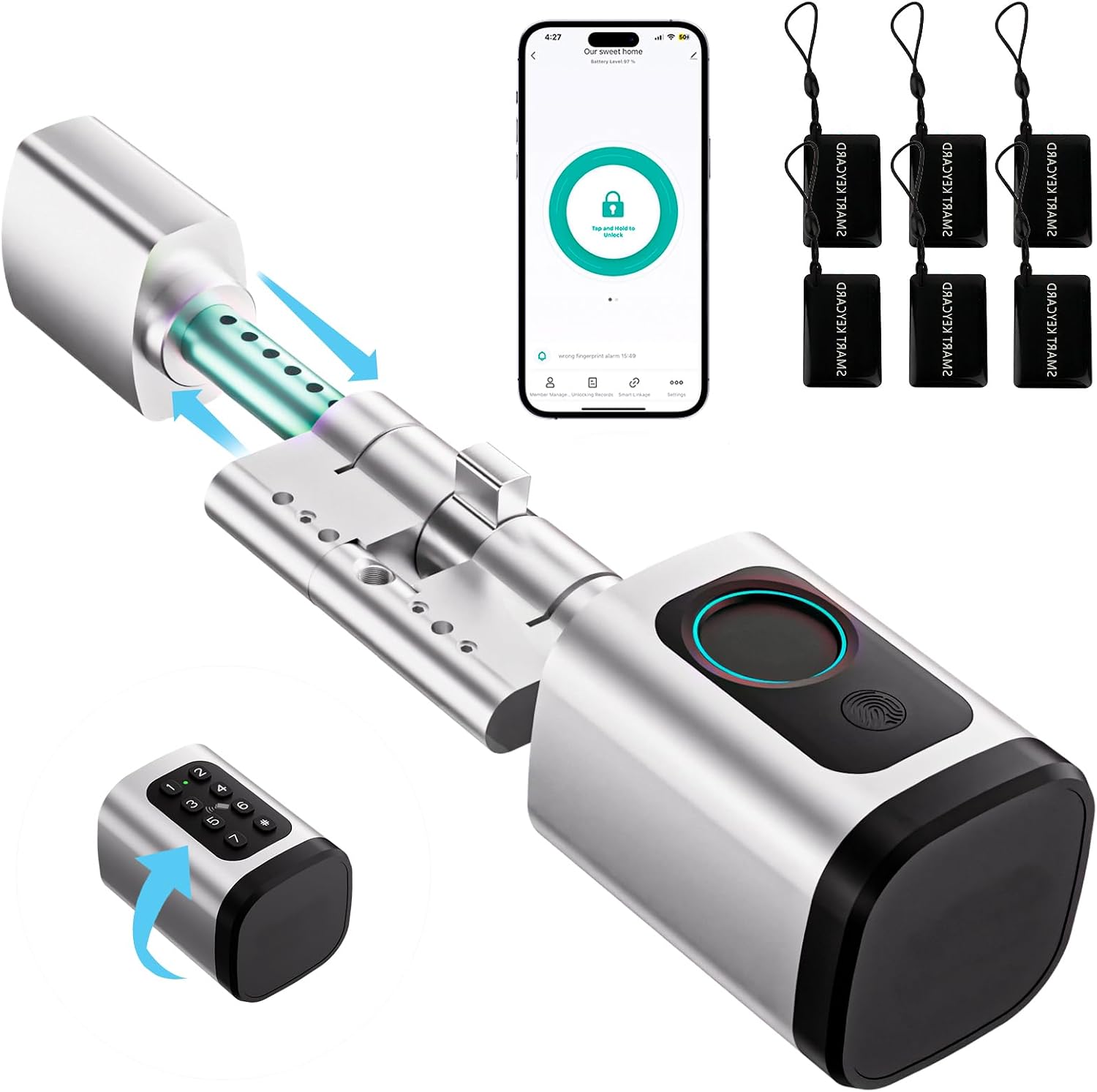 Intelligentes Türschloss Mit Elektronischem Fingerabdrucksensor Und Verstellbarer Länge. Intelligentes Türschloss Mit Rfid-karte, App, Wlan, Bluetooth, 60–90 Mm, Kompatibel Mit Verlängerungen, Silberf