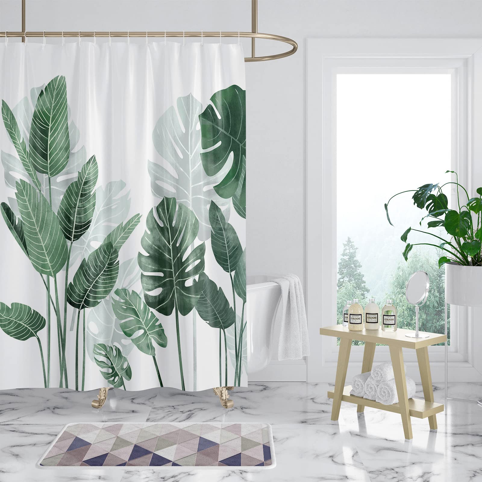 180x180 Cm Großer, Schimmelresistenter Duschvorhang Mit Grünem Blätter- Und Pflanzenmuster, Wasserabweisender, Waschbarer Polyester-badevorhang [nx]