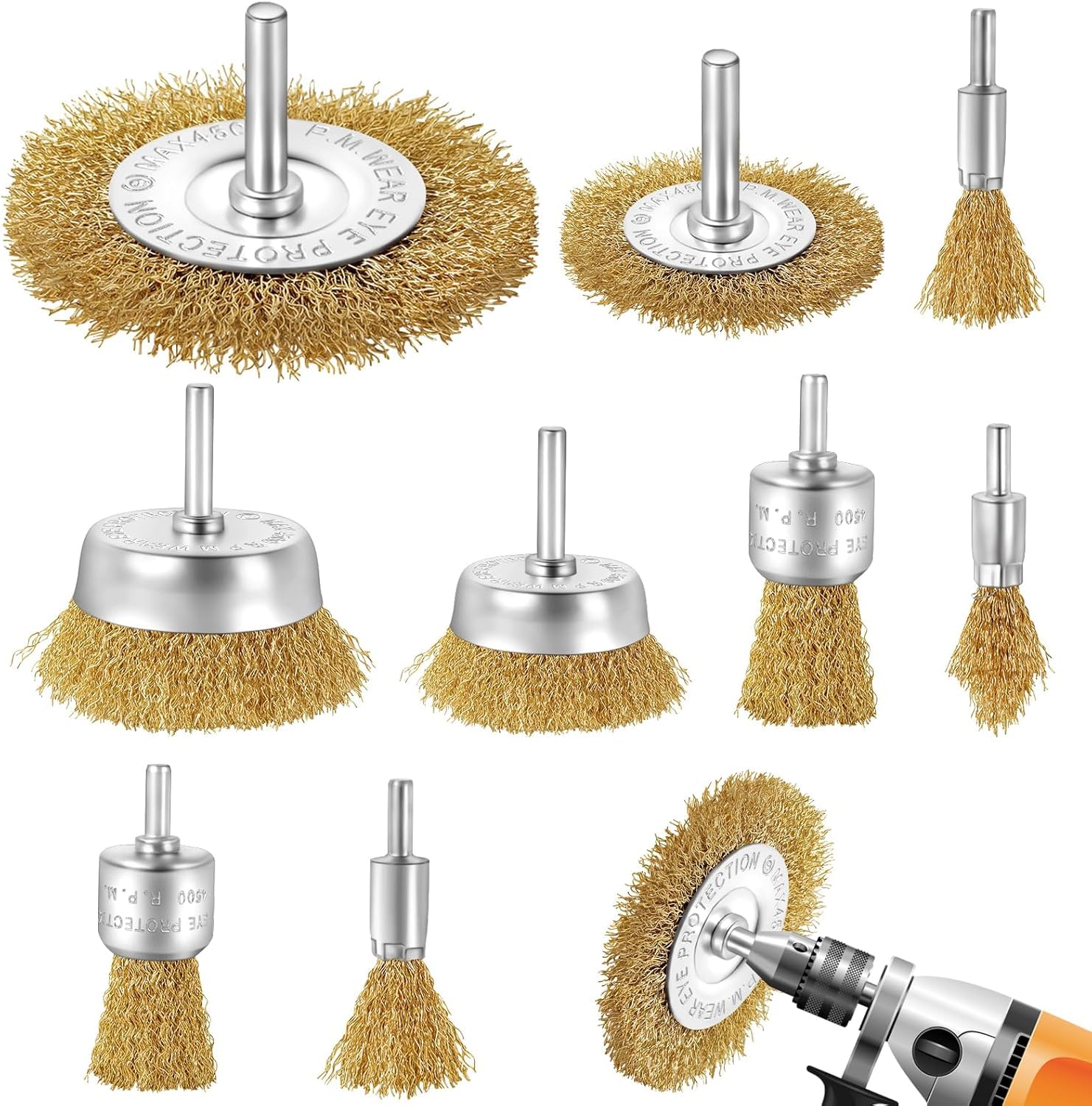 Set Mit 9 Drahtbürsten Für Bohrmaschinen, Messingbürsten Mit 6-mm-schaft, Schleifbürsten Und Schraubendreherbürsten. Geeignet Zur Reinigung Von Metall, Holz, Lack Und Anderen Oberflächen.