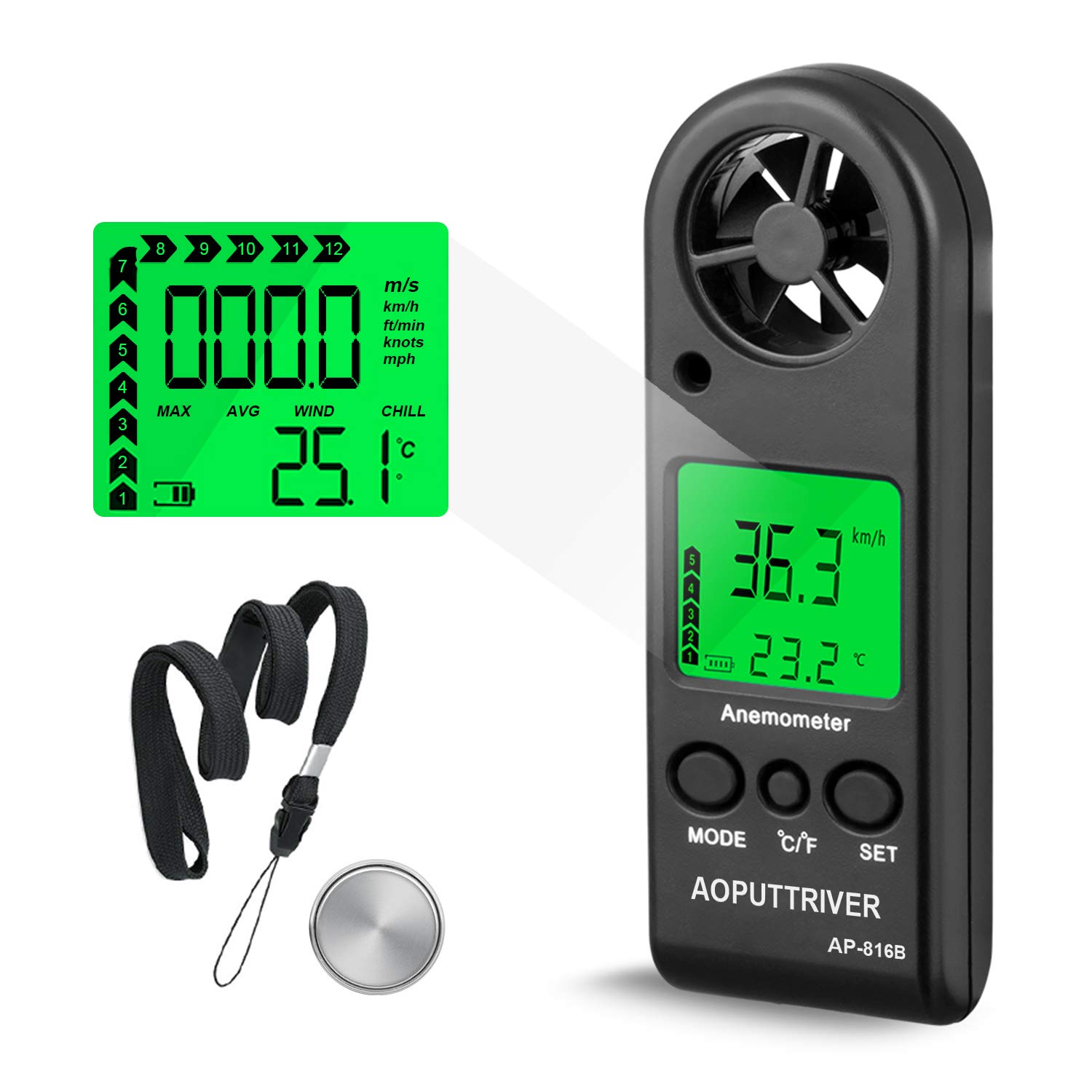 Tragbares Digitales Anemometer Zur Messung Von Windgeschwindigkeit, Temperatur Und Maximaler Stärke, Ideal Zum Windsurfen, Segeln Und Angeln (schwarz) [nx]