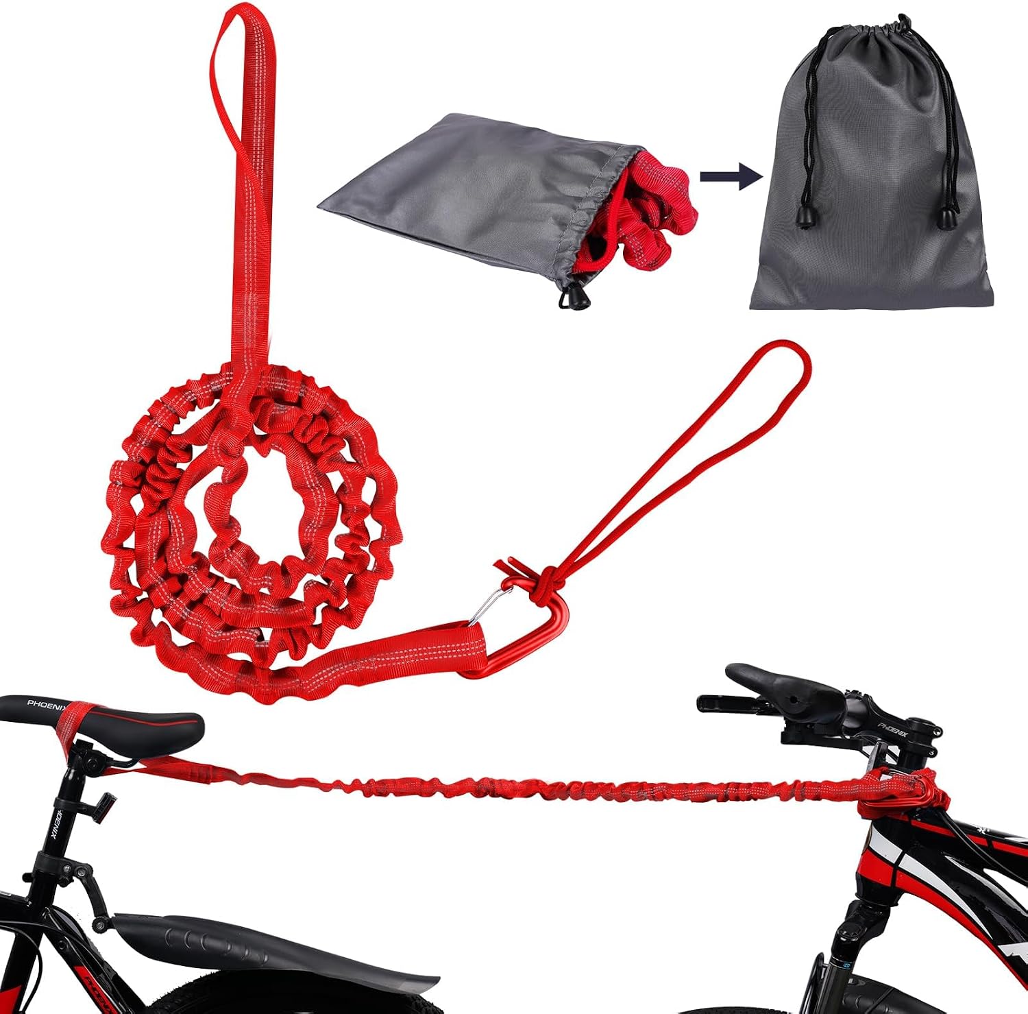 Abschleppseil Für Kinderfahrräder, 3 M, Selbstaufrollend, Tragkraft 225 Kg, Elastisch, Mit Aufbewahrungstasche. Geeignet Für Kinderfahrräder, Mountainbikes Und Quads, Rot.