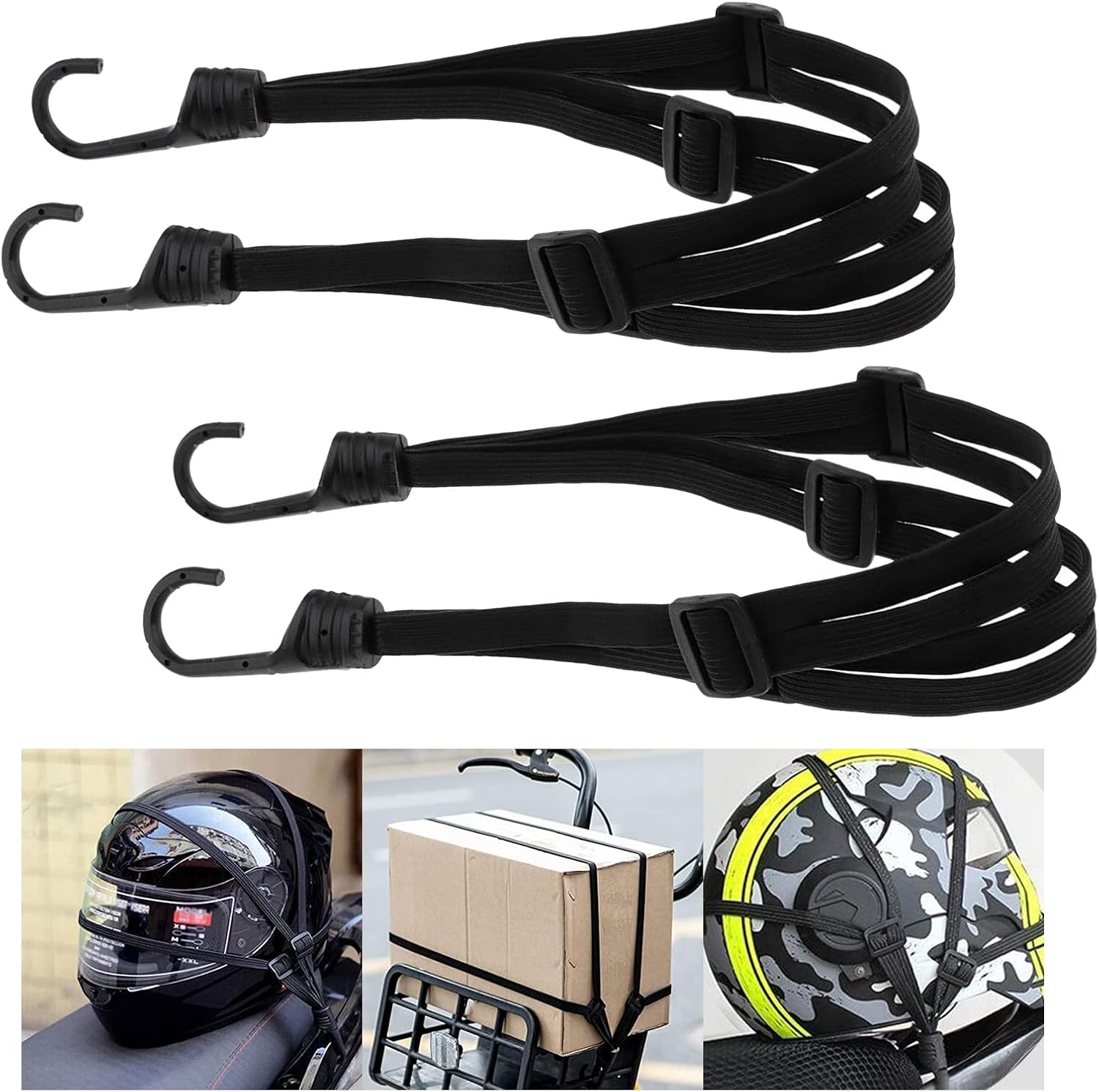 Elastische Gummiseile Mit Haken, 2 Verstellbare Gepäckgurte. Kompatibel Mit Längeren Elastischen Gurten Mit 4 Schiebeschnallen. Geeignet Zur Befestigung Von Motorradhelmen, Gepäck Oder Umhängetaschen.
