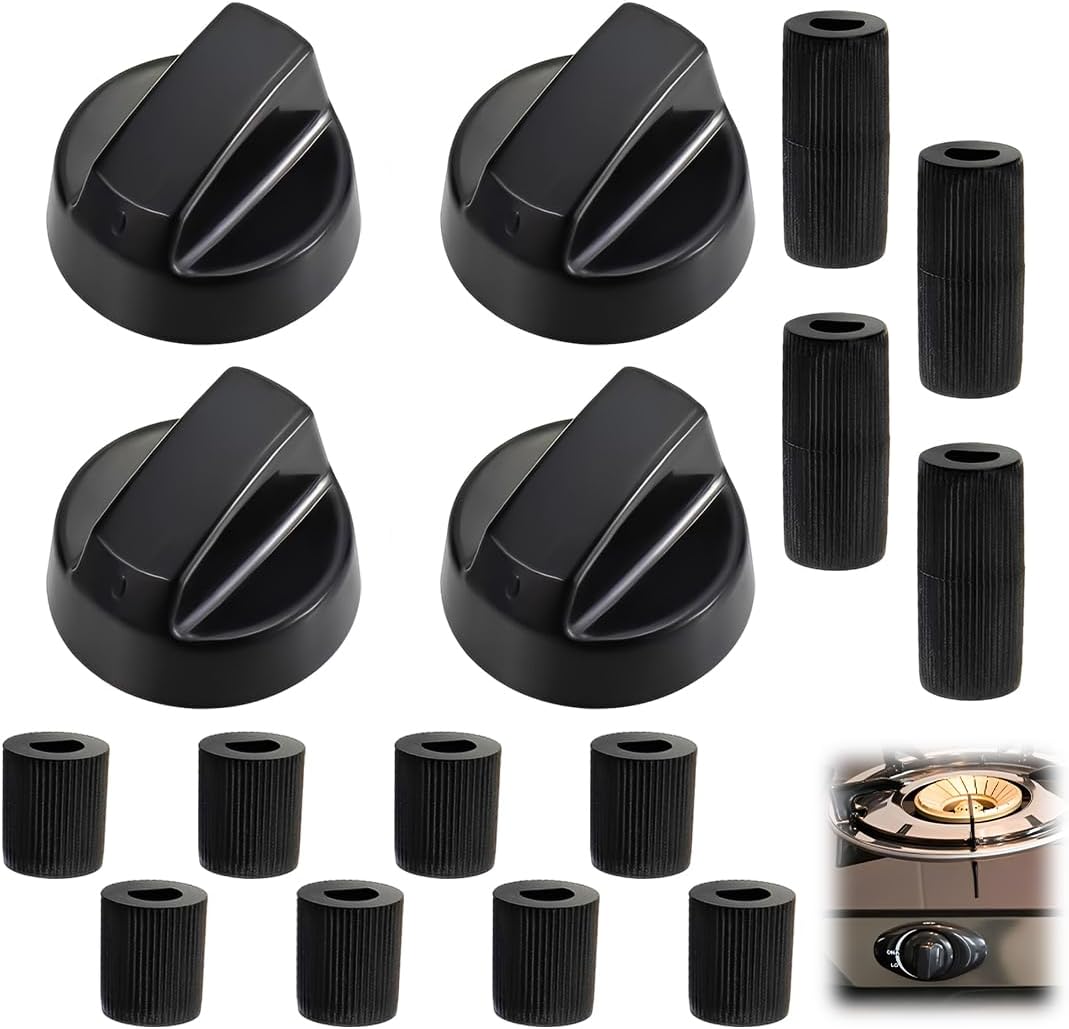 Set Universeller Knöpfe, Kompatibel Mit Gaskochfeldern (4 Stück) + 12 Kunststoffadapter, 6 Mm Und 8 Mm Innendurchmesser, Kompatibel Mit Backöfen Und Kochfeldern