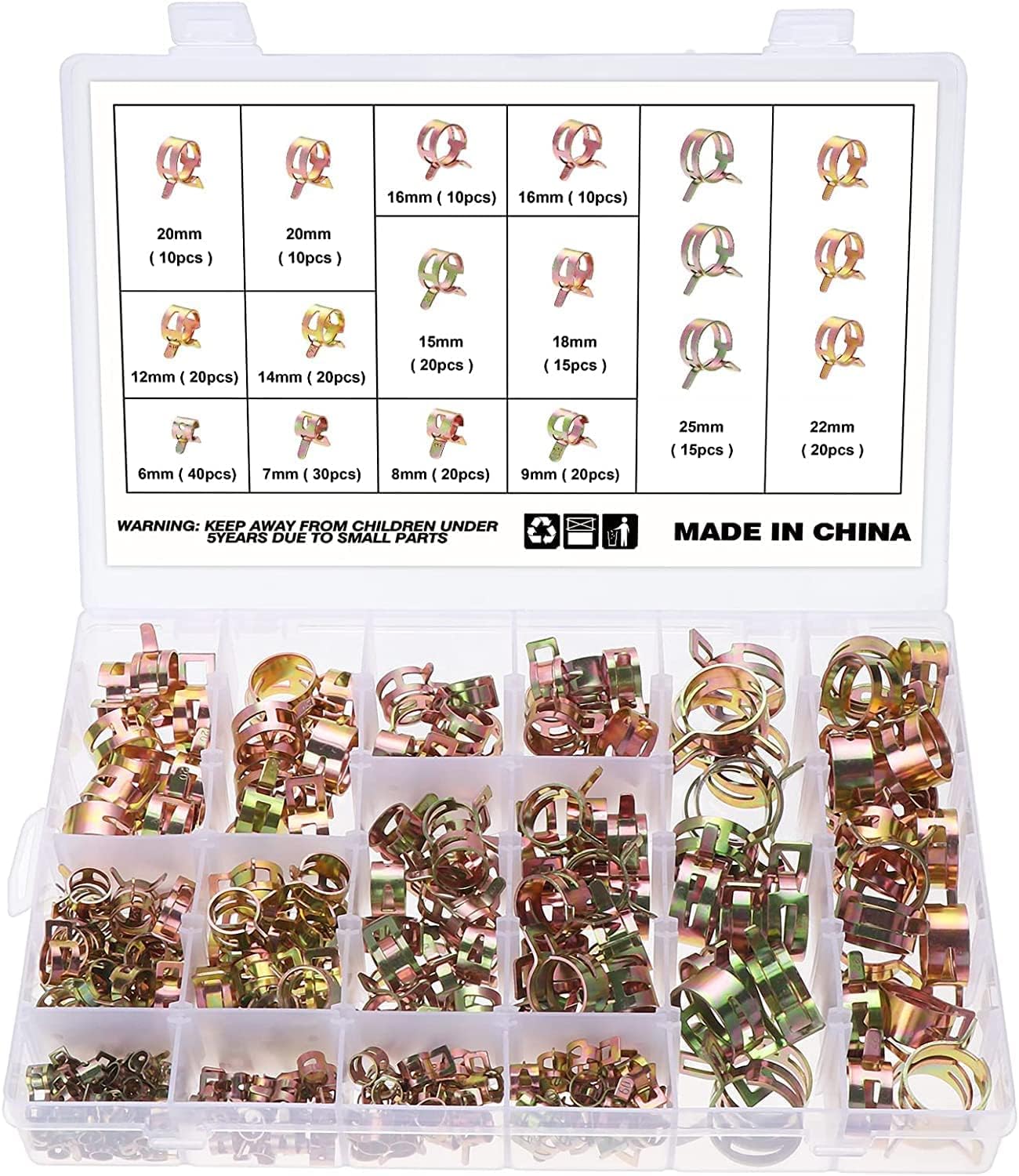 260 Federbelastete Schlauchschellen, Kompatibel Mit Schläuchen, 12 Größen (6–25 Mm), Schlauchschellen, Kompatibel Mit Kraftstoffleitungen