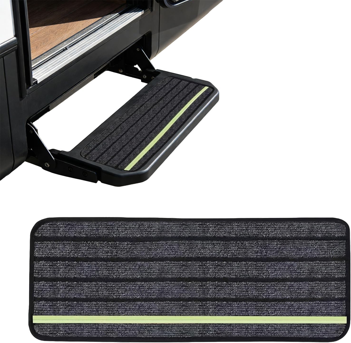 Set Aus 2 Treppenmatten Für Wohnmobile (48 X 19 Cm, Dunkelgrau), Rutschfest Und Selbstklebend, Kompatibel Mit Wohnmobilen, Die Mit Phosphoreszierenden Reflektorstreifen Ausgestattet Sind.