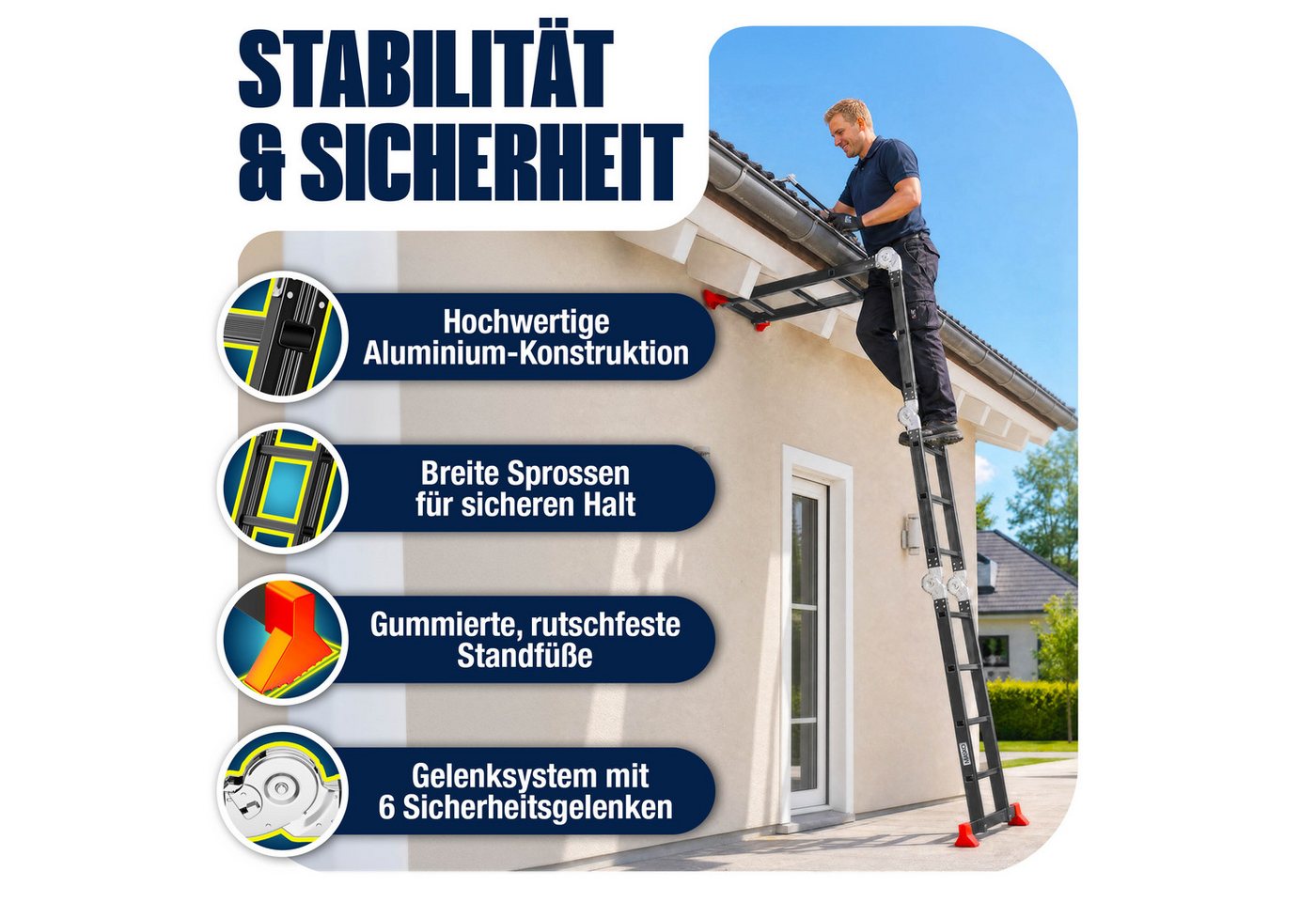 Masko® Mehrzweckleiter Aluminium 6in1, Bis 150 Kg - 4x3 Sprossen, Schwarz / Rot Bild 2
