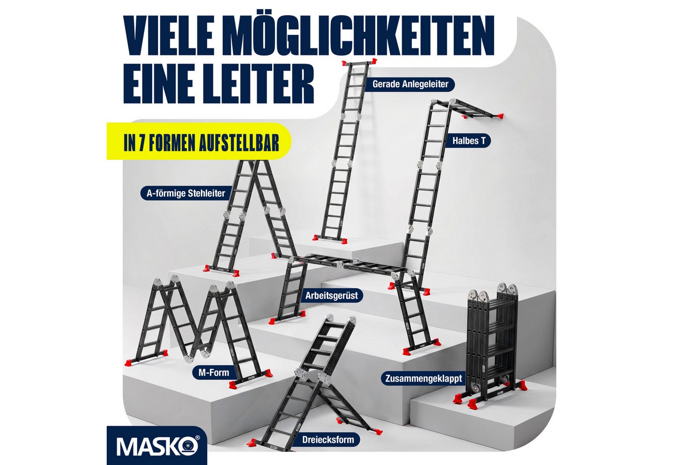 Masko® Mehrzweckleiter Aluminium 6in1, Bis 150 Kg - 4x3 Sprossen, Schwarz / Rot Bild 3