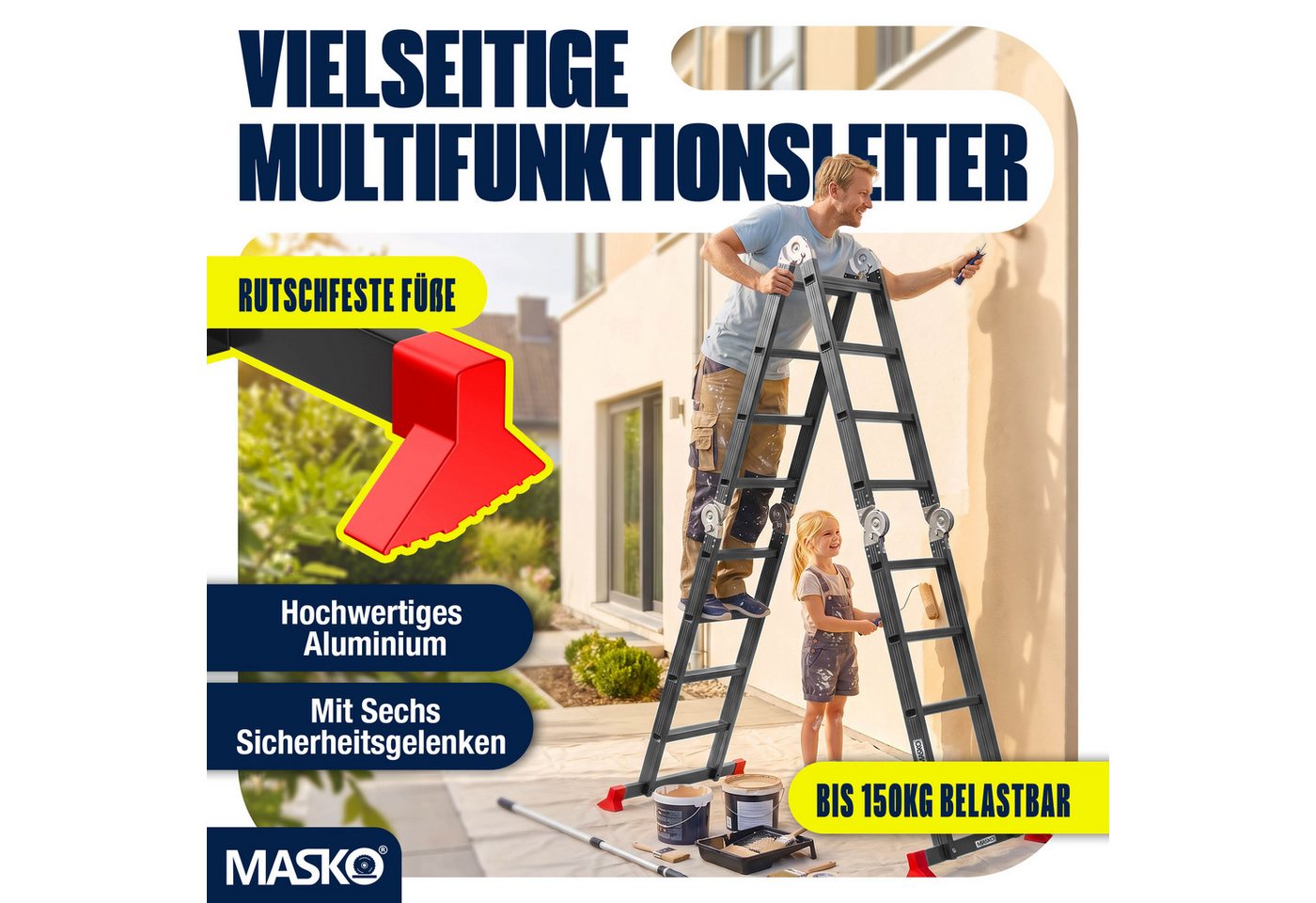 Masko® Mehrzweckleiter Aluminium 6in1, Bis 150 Kg - 4x3 Sprossen, Schwarz / Rot Bild 4