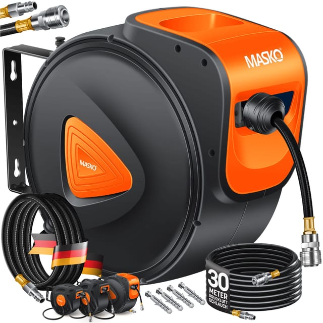 Masko® Druckluft-schlauchaufroller, 180° Schwenkbar - 30m, Orange / Schwarz