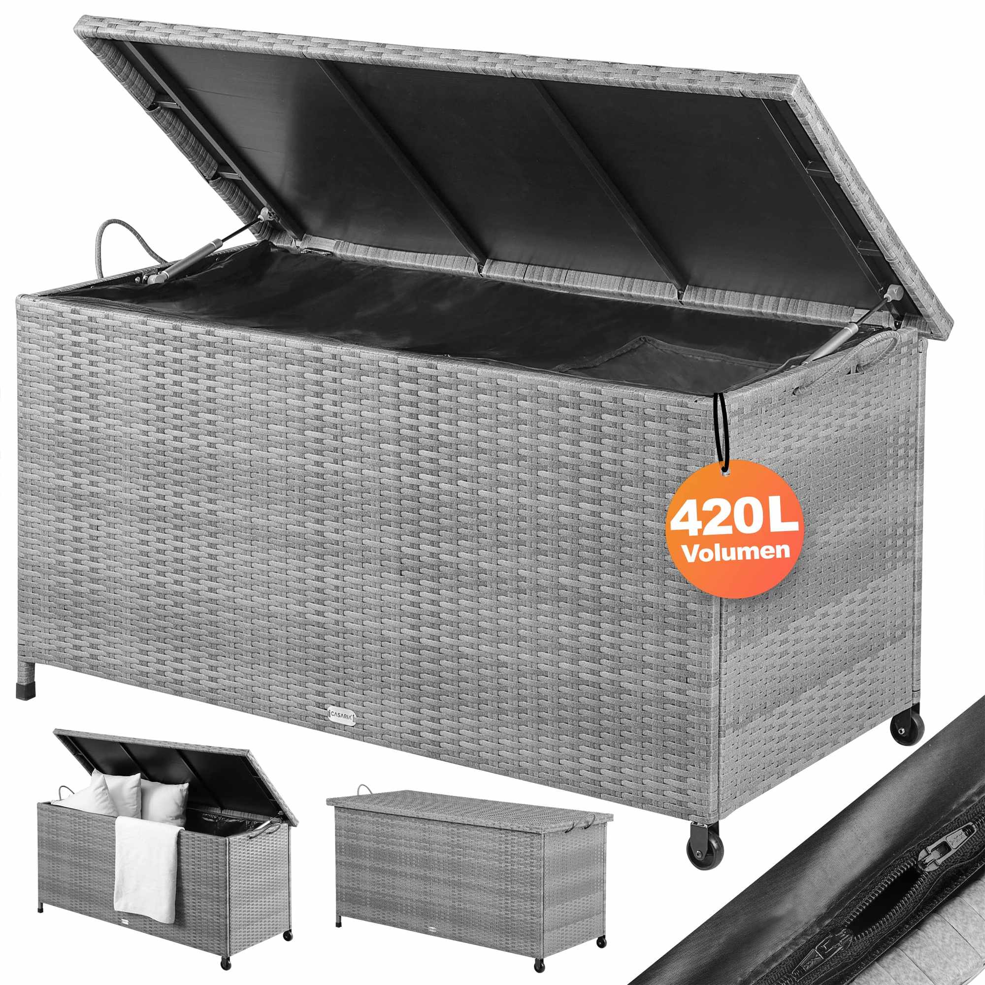 Kissenbox Aus Polyrattan, Grau, 117 X 53 X 60 Cm, Mit Rollen