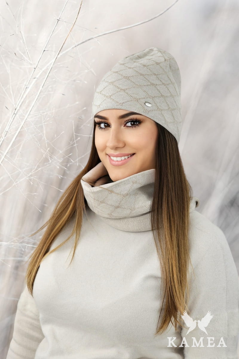 Diamantbesetztes Set Mit Baumwollhut Und Schal, Beige