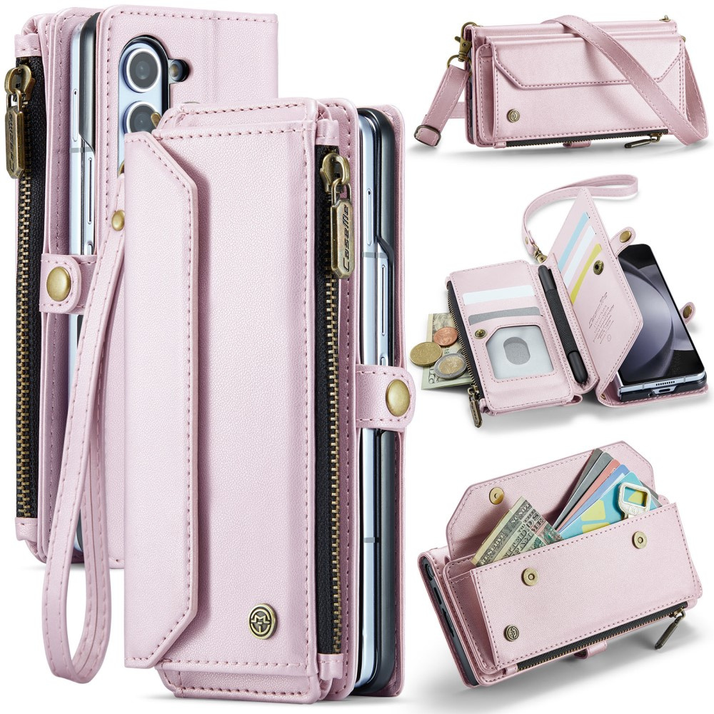Caseme Schutzhülle Für Samsung Galaxy Z Fold6 5g, Rfid-schutzhülle Aus Leder Mit Schultergurt, Pink