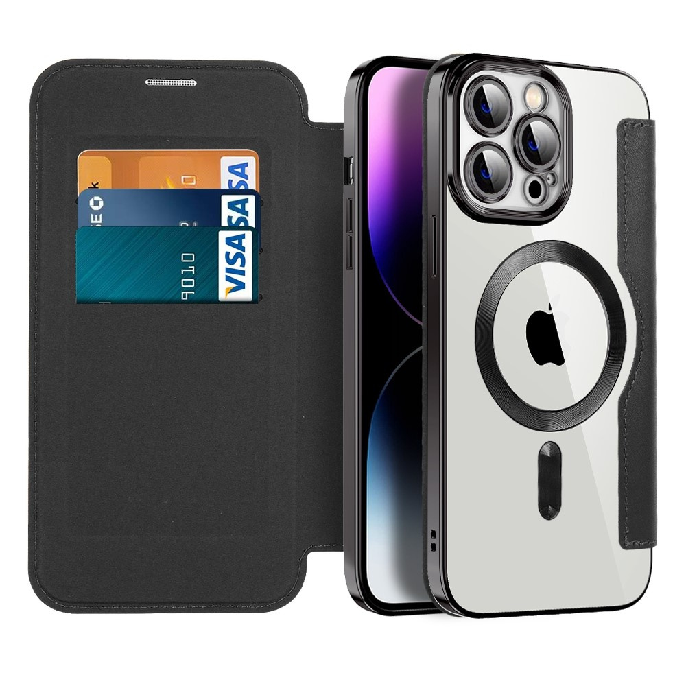 Iphone 14 Pro Max Flip-hülle, Rfid-geldbörse Magsafe Mit Kameraschutz, Schwarz