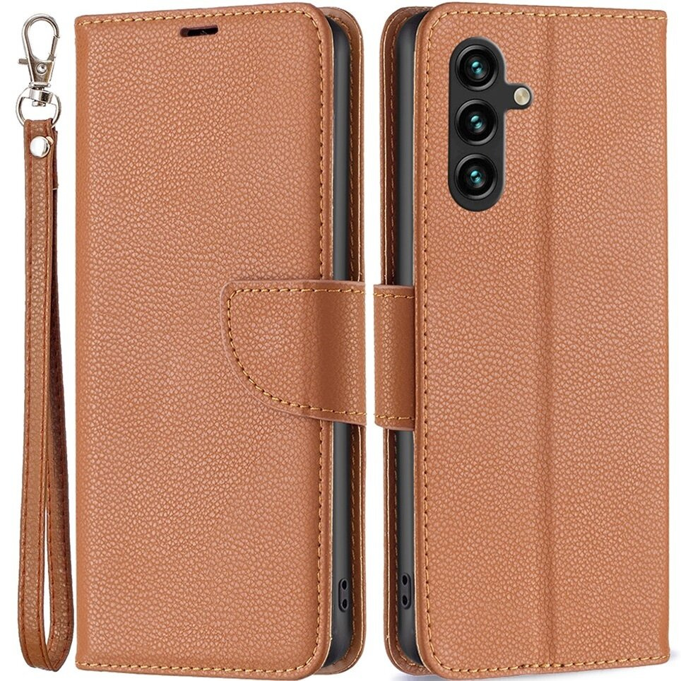 Klapphülle Für Samsung Galaxy A15, Brieftaschenmodell Aus Litschi-leder, Braun + 9h-glas