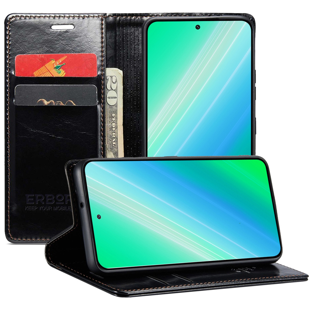 Samsung Galaxy S23 Ultra Flip Case, Erbord Waxy Wallet, Schwarz