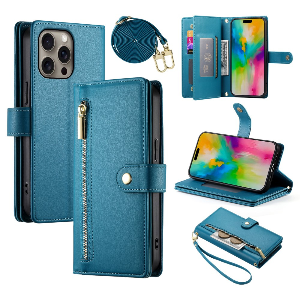 Iphone 16 Pro Max Klapphülle, Brieftaschenfach Mit Reißverschluss, Blau