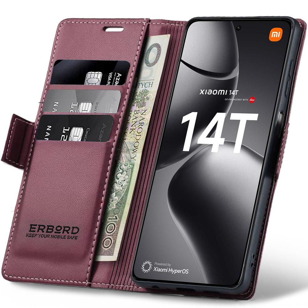 Xiaomi 14t Hülle, Glänzendes Litschi, Brieftaschen-design Mit Klappe, Rot