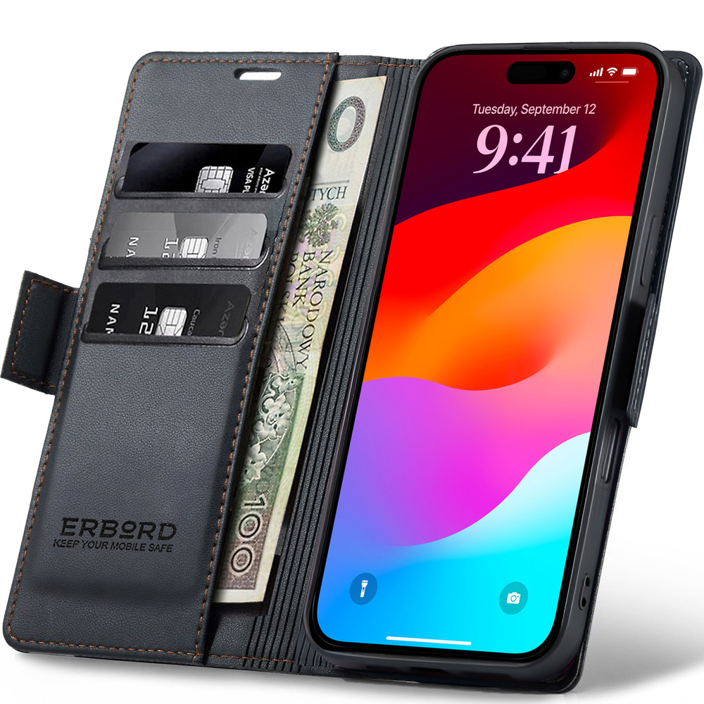 Iphone 17 Pro Max Hülle, Glänzendes Litschi, Klapphülle, Schwarz