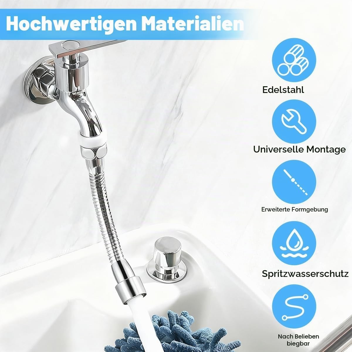 Wasserhahn Verlängerung Edelstahl 16cm flexibel 360° Drehbare Küchen- Badarmatur Bild 2