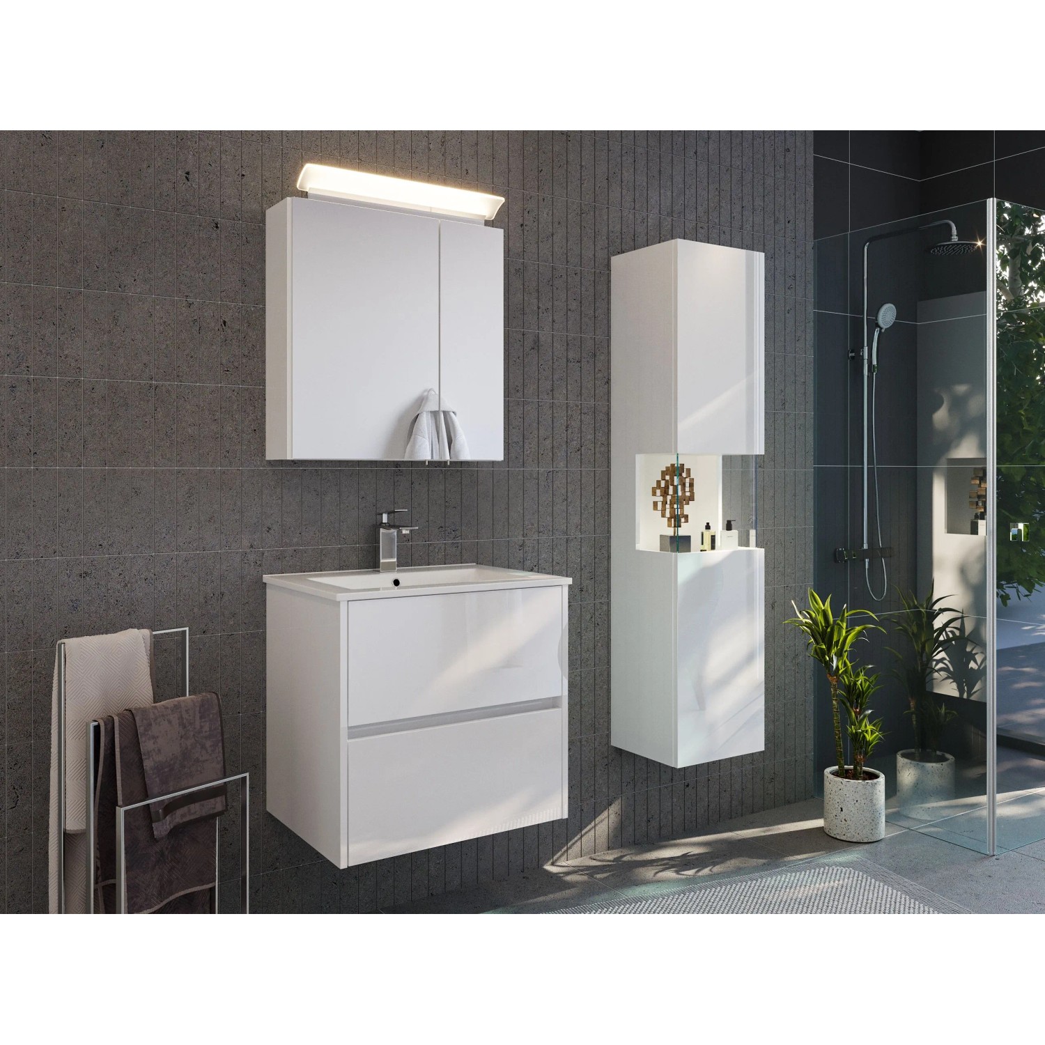Posseik Badmöbelset Limes 60 cm Weiß Hochglanz LED
