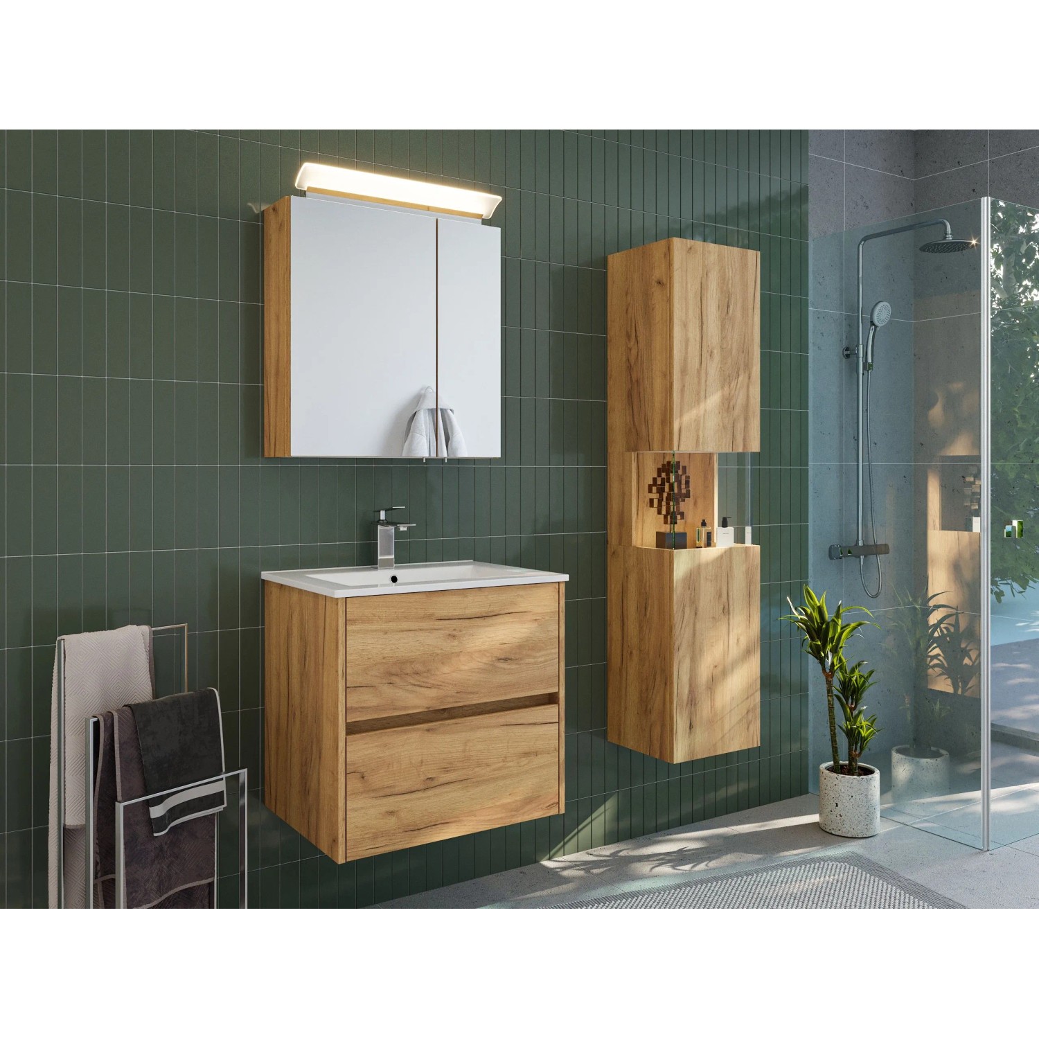 Posseik Badmöbelset Limes Eiche Gold 60 cm 3-tlg LED-Spiegelschrank