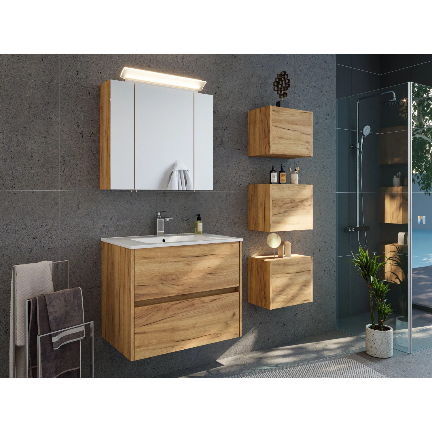 Posseik Badmöbelset Limes 70 cm 5teilig Eiche Gold LED Spiegelschrank