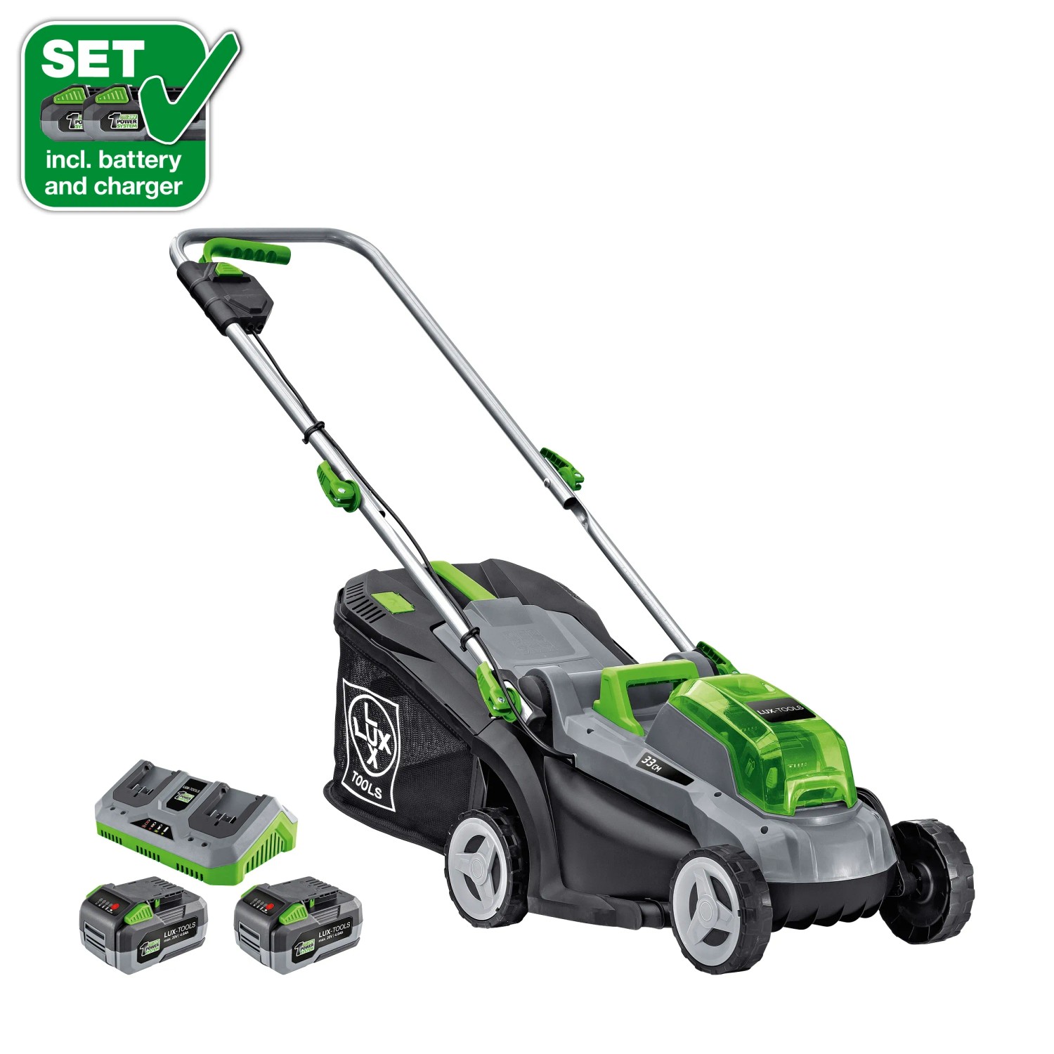 LUX-TOOLS 40V Akku-Rasenmäher 1 PowerSystem A-RM-2x 20/4/33 Set 2x 20V Akkus